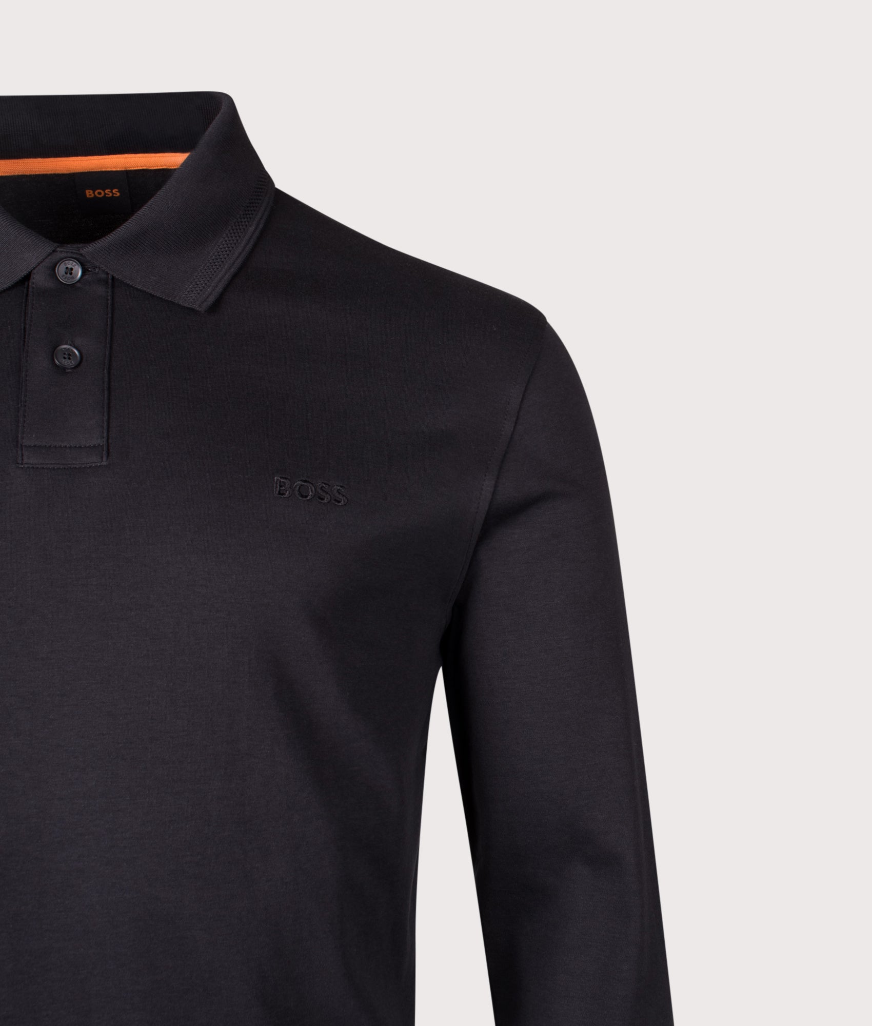 Piqué Interlock Long Sleeve Polo Shirt in Black | 100% Cotton | BOSS | EQVVS | Front detail shot 