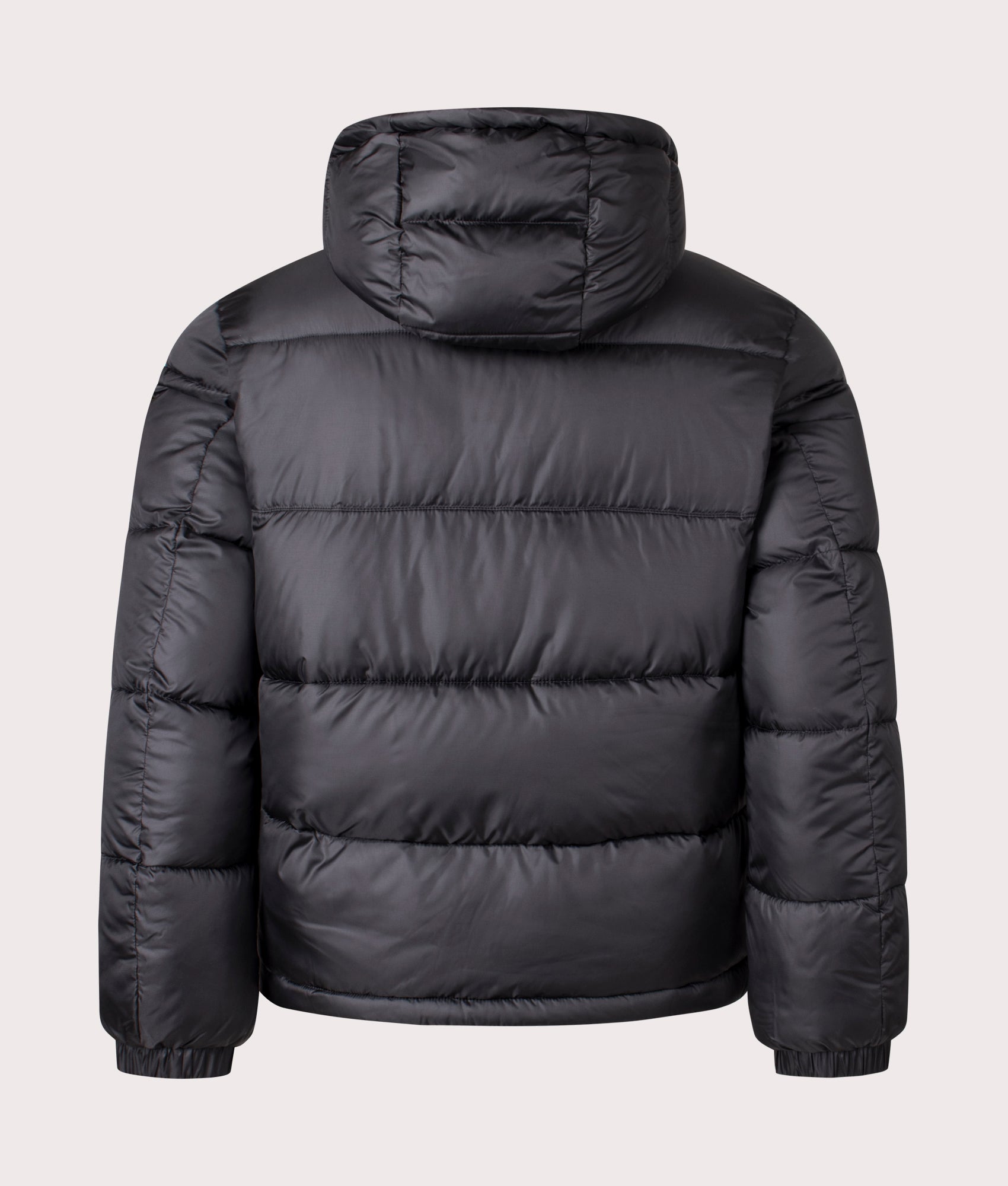 Black Baro2441 Puffer Coat by HUGO. Shot at EQVVS. Reverse shot. 