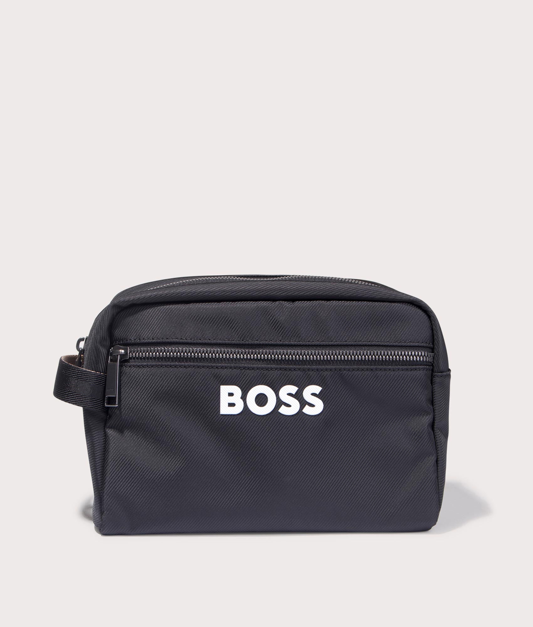 BOSS Catch 3.0 Washbag in Black, Recycled Polyester. At EQVVS Menswear. Front detail shot