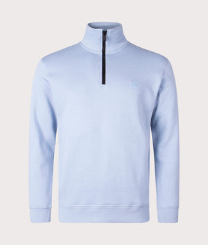 Quarter Zip Zetrust Sweatshirt in Open Blue by BOSS. EQVVS Front Angle Shot.