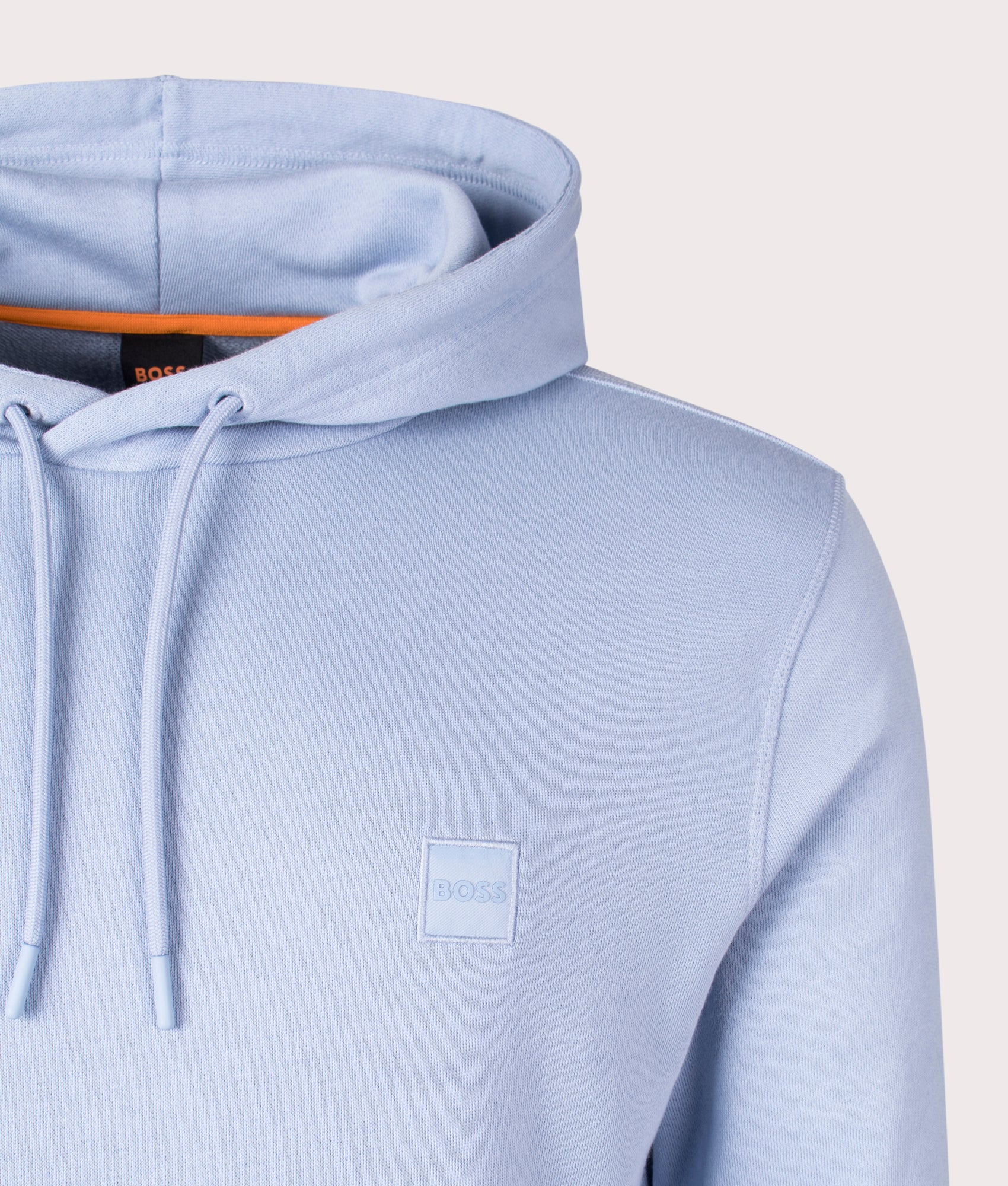 Wetalk Hoodie in Open Blue by BOSS. EQVVS Detail Shot.