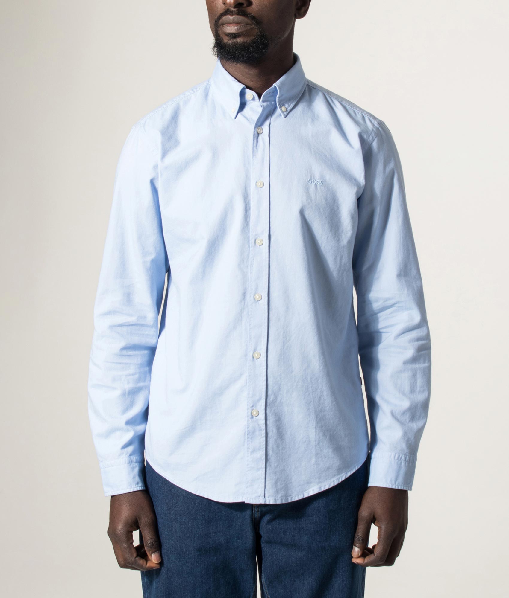 BOSS Rickert M Shirt in Open Blue at EQVVS Menswear. Model front shot.