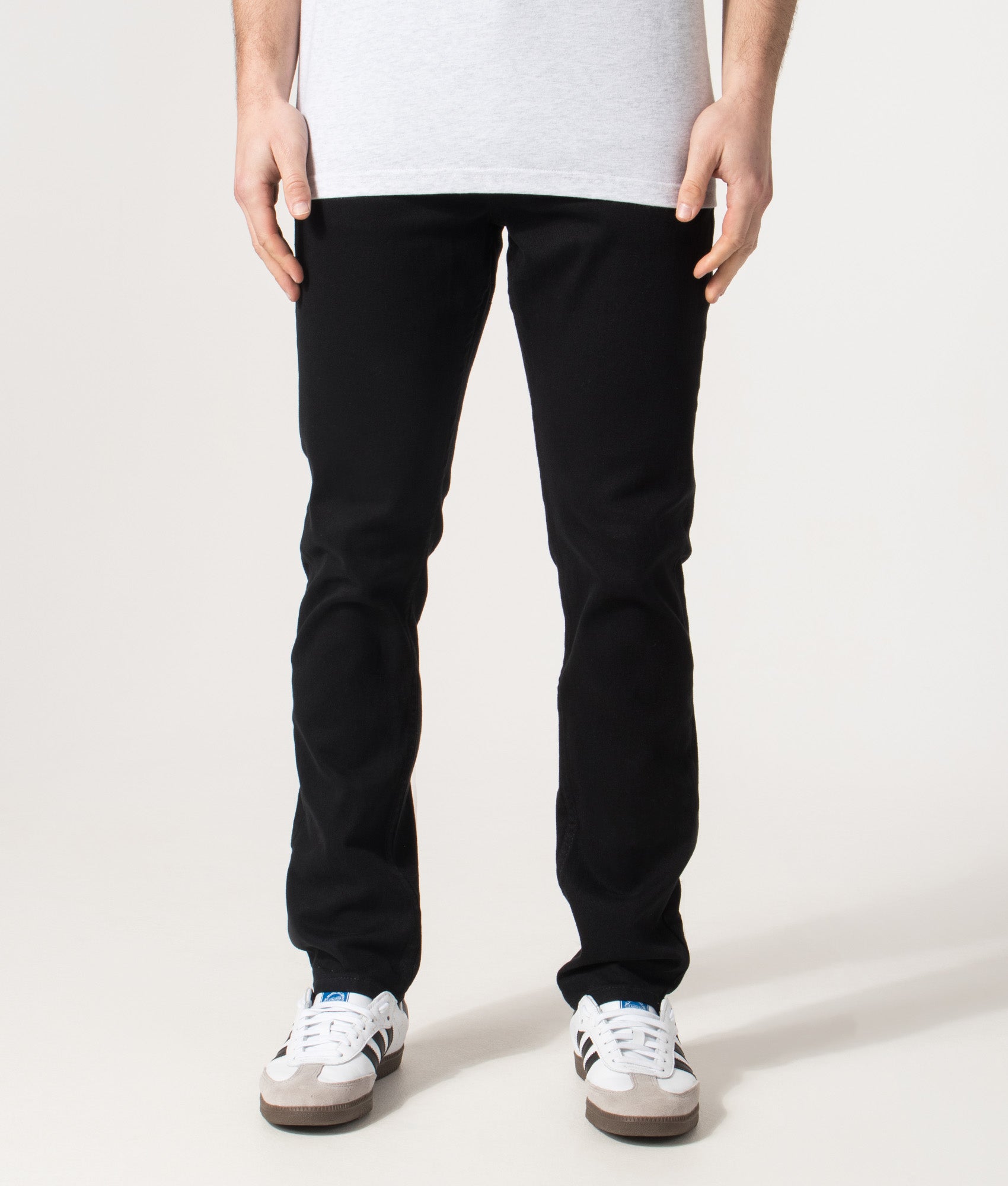 Boss Slim Fit Delaware Jeans in Black | EQVVS | Front model shot 