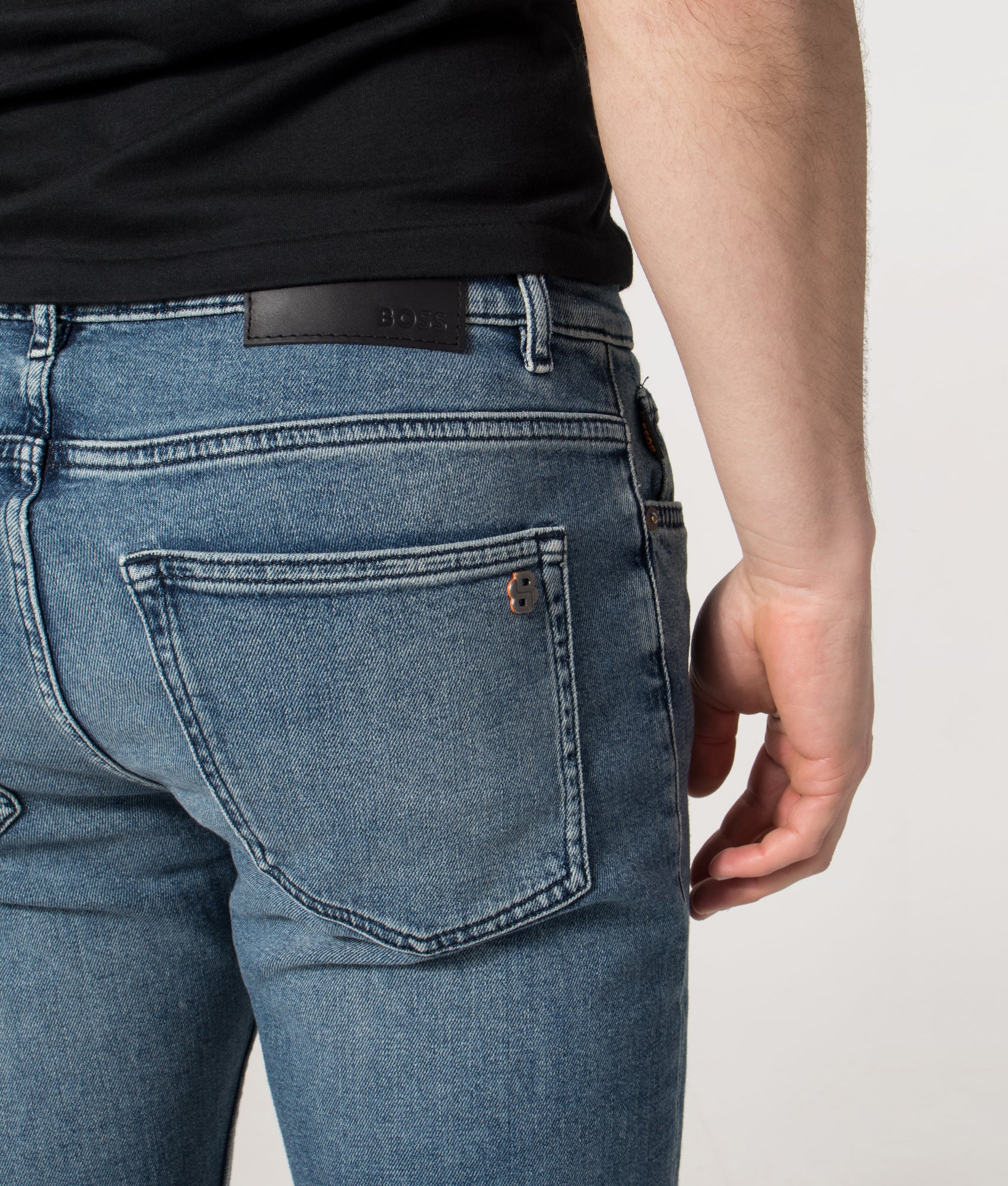 Slim Fit Delaware Jeans in Medium Blue | EQVVS | Back detail shot 