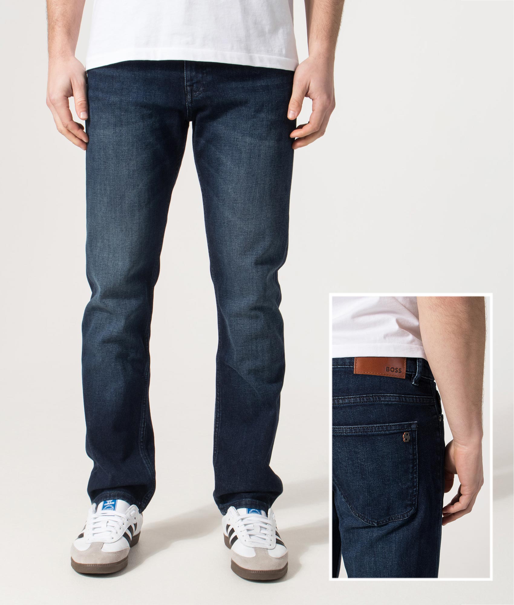 BOSS Slim Fit Delaware Jeans in the Dark Blue at EQVVS Menswear. Front and detail shot.