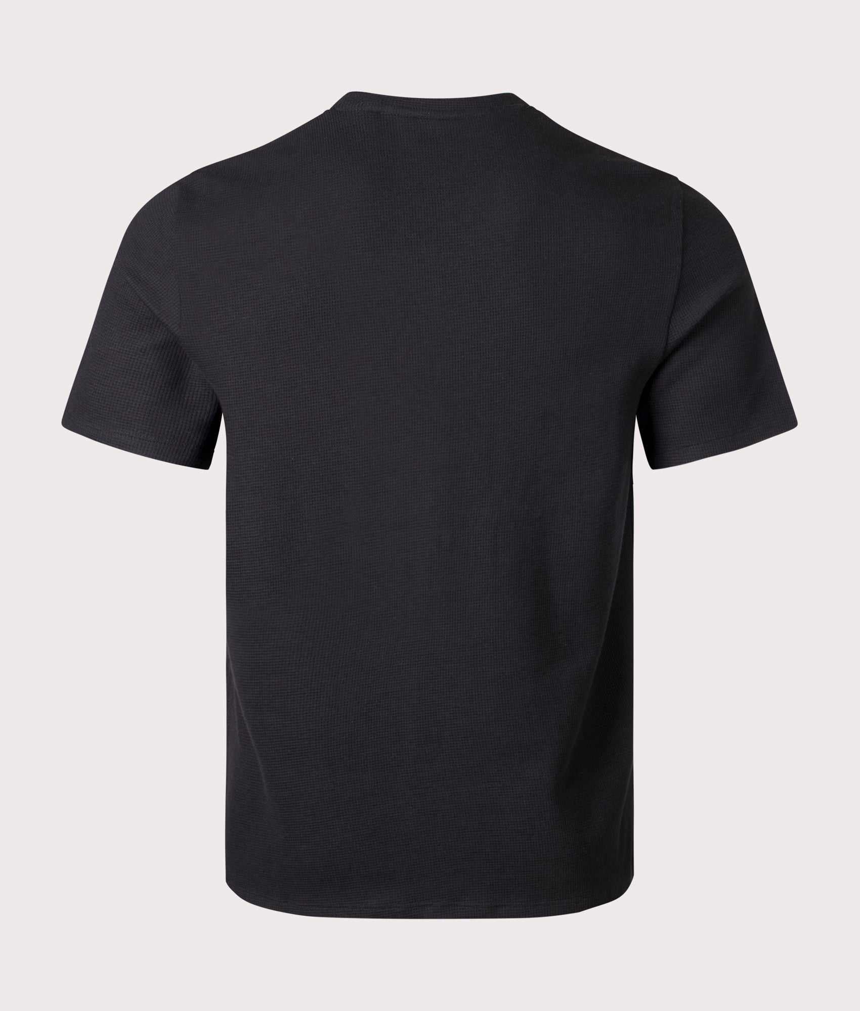 Lightweight Waffle T-Shirt in Black by BOSS. EQVVS Back Angle Shot.