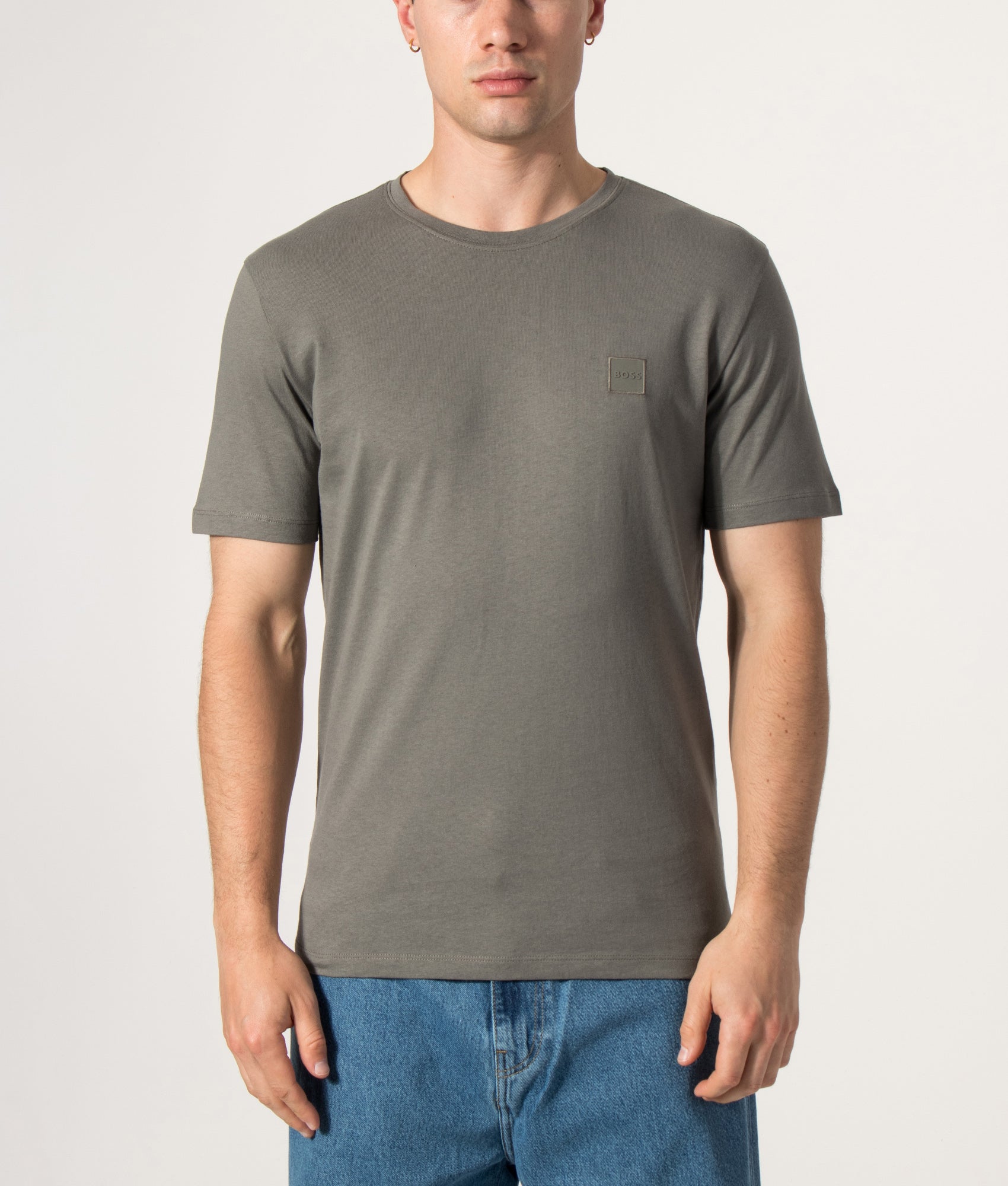 BOSS Regular Fit Tales T-Shirt in Open Grey at EQVVS Menswear. Model front shot.