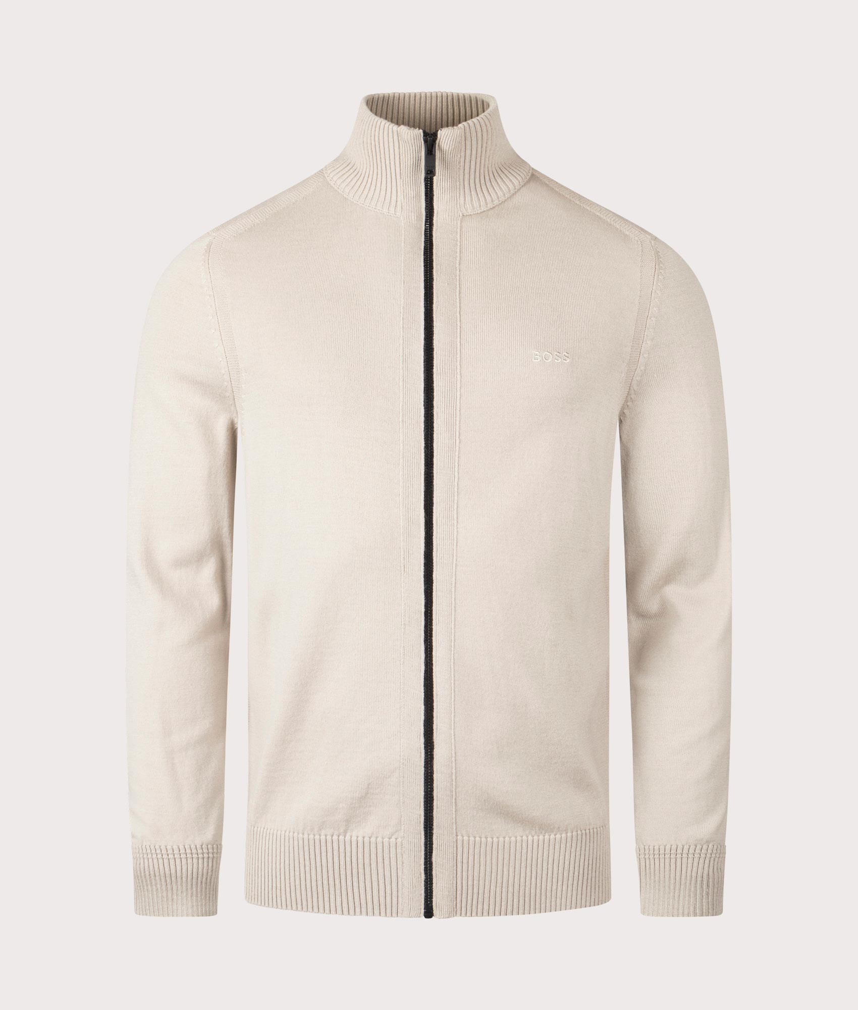 BOSS Avac Full Zip Knitted Cardigan in Light Beige. EQVVS Front Shot.