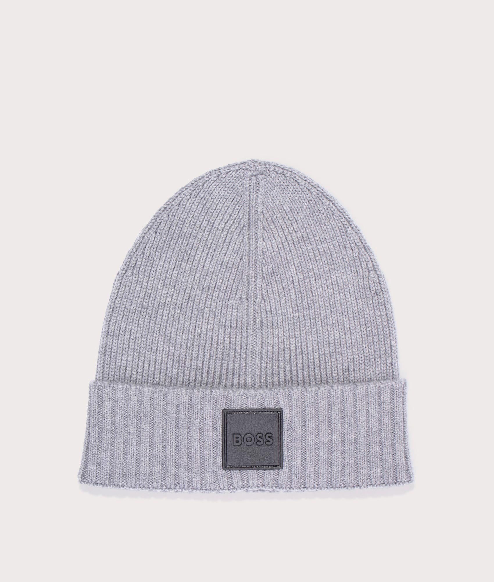 Boss Flavio Beanie in Silver. 100% responsible source Virgin wool. At  EQVVS Menswear. Front logo shot.