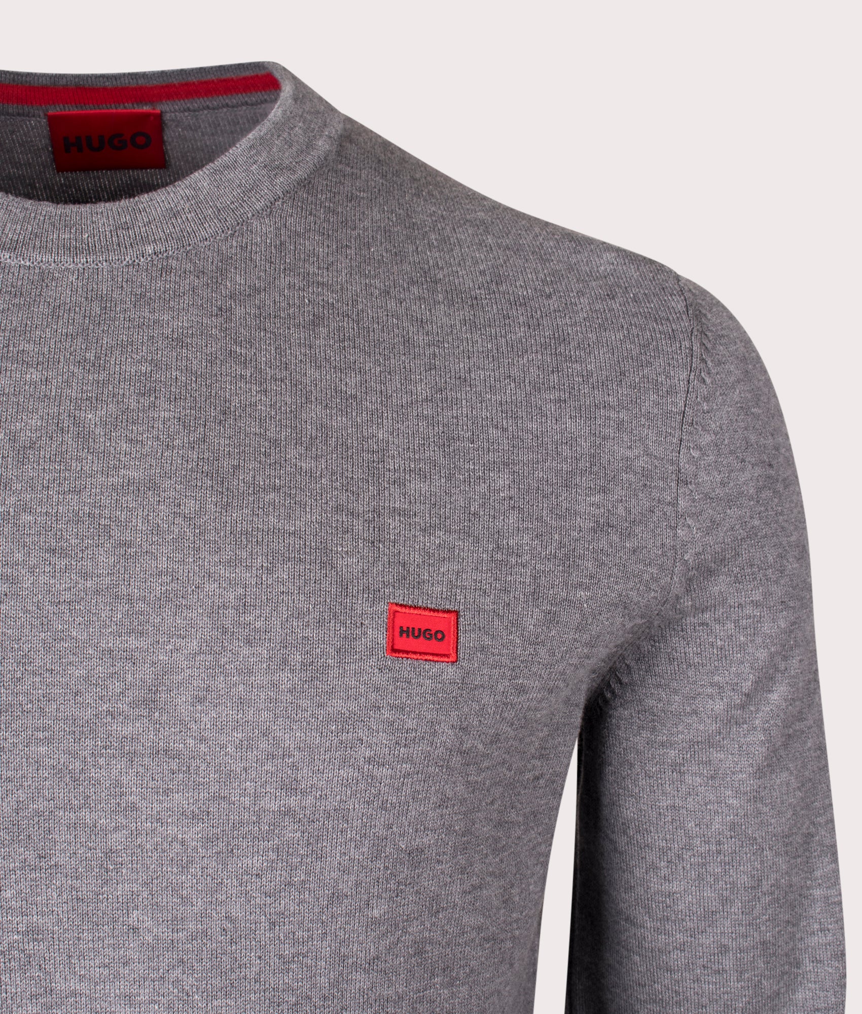 HUGO San Cassius C1 Sweatshirt in Medium Grey. 100% Organic Cotton. At EQVVS Menswear. Front logo shot. 