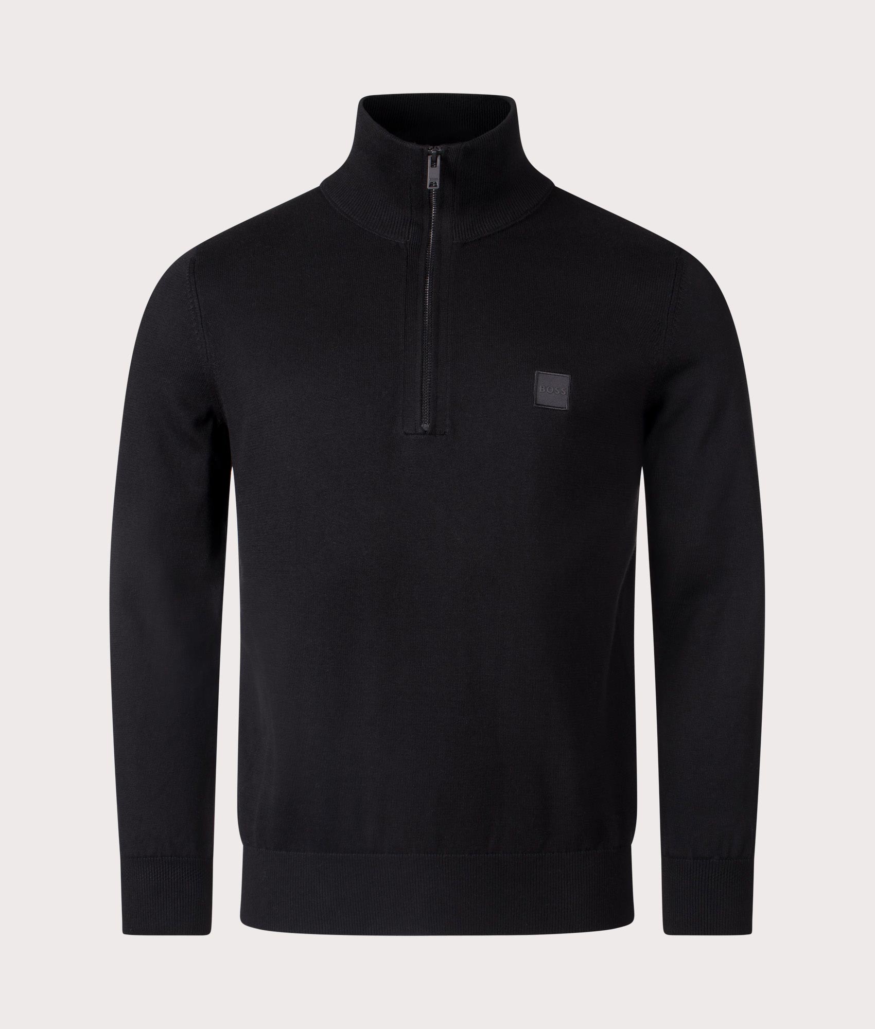 BOSS Kanobix Quarter Zip Sweatshirt in Black, Cotton/Cashmere Blend. At EQVVS Menswear. Front detail shot