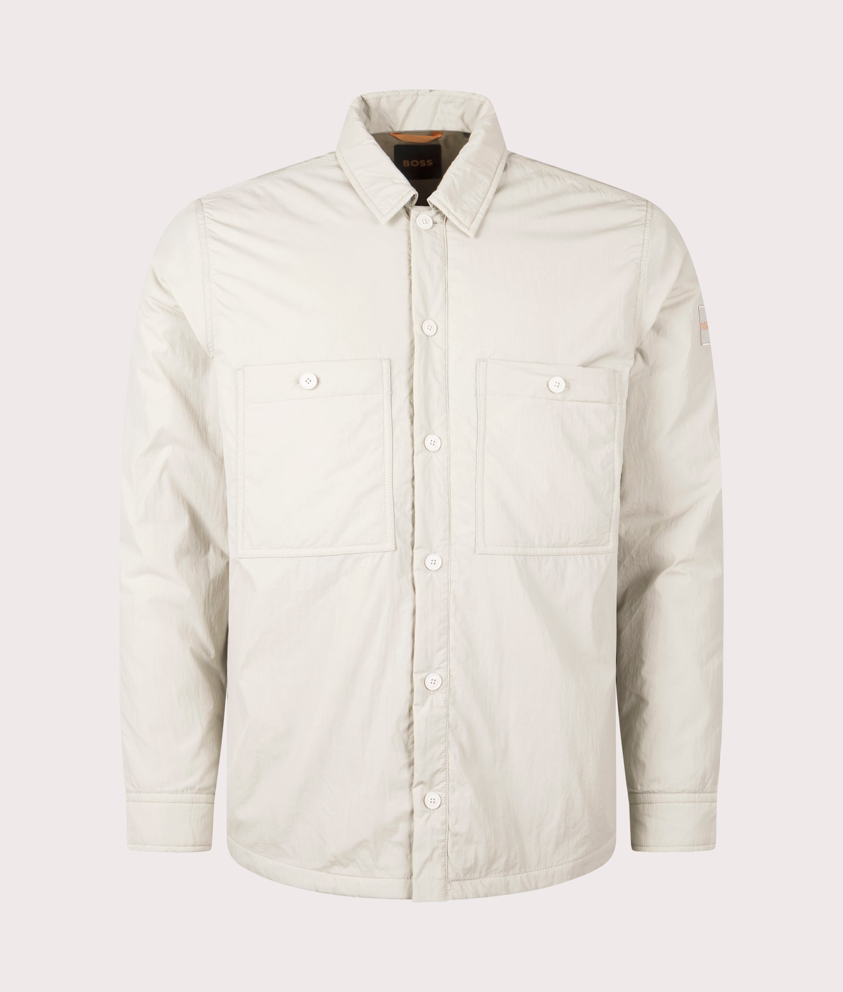 BOSS Oversized Locky 2 Overshirt in Light Beige. EQVVS front shot.
