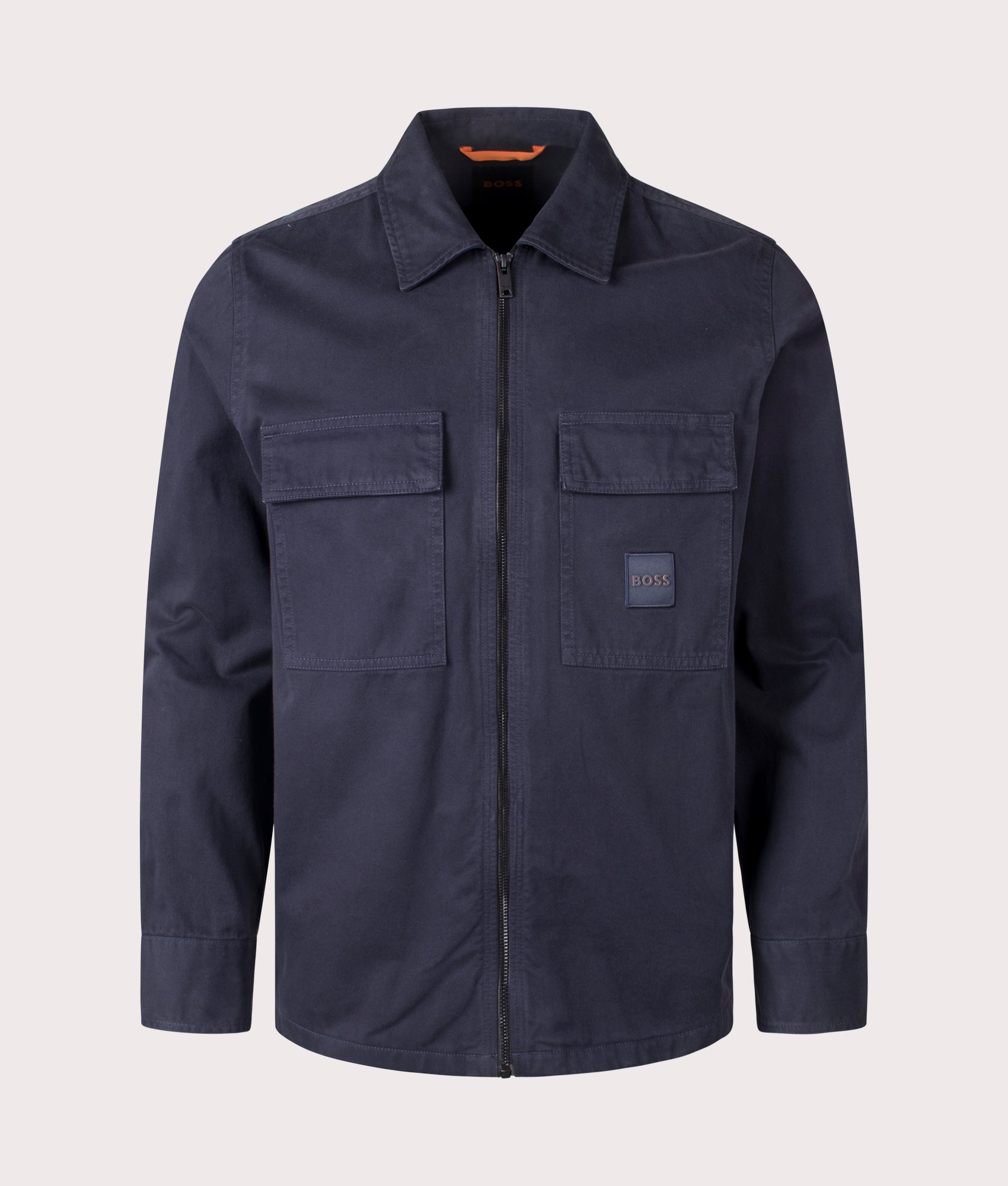 BOSS Oversized Lovel 15 Overshirt in Dark Blue. EQVVS Front Shot.