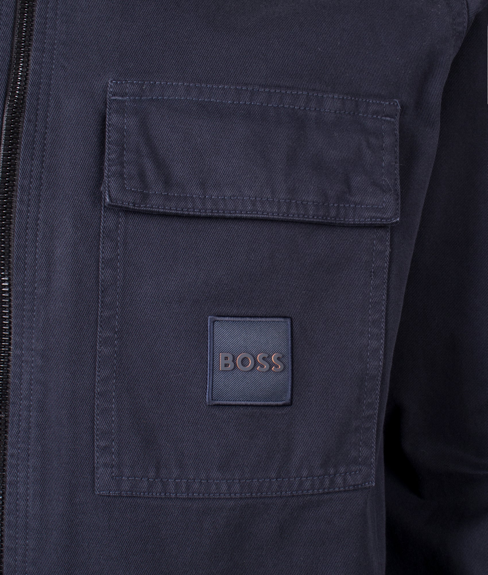 BOSS Oversized Lovel 15 Overshirt in Dark Blue. EQVVS Detail Shot.