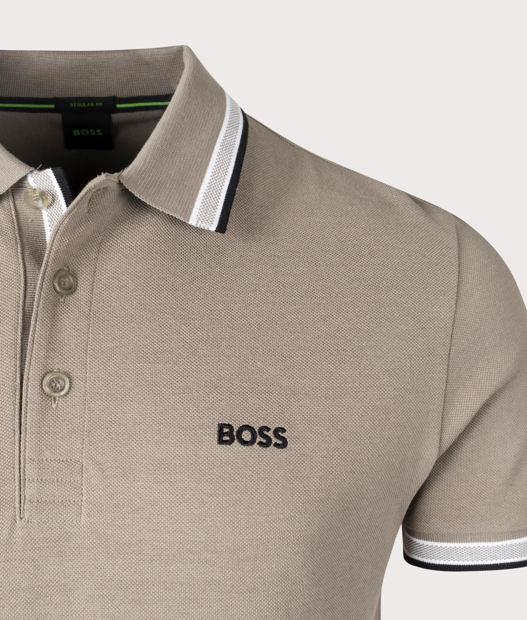 Light Pastel Green BOSS Paddy Polo Shirt. Shot at EQVVS. Detail shot. 