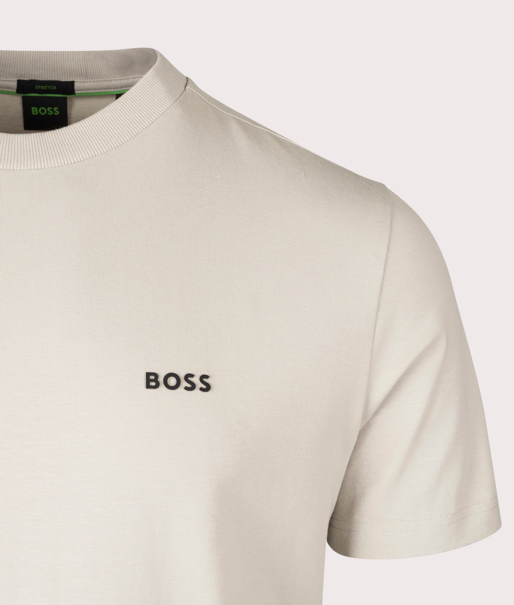 Crew Neck T-Shirt by BOSS in Light Beige. Shot at EQVVS. Detail shot. 