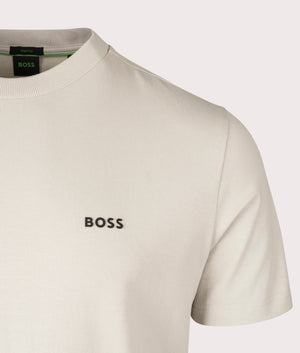 Crew Neck T-Shirt by BOSS in Light Beige. Shot at EQVVS. Detail shot. 