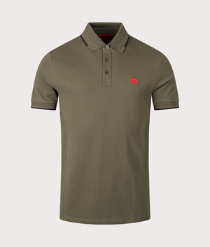 HUGO Slim Fit Deresino 232 Polo Shirt in Dark Beige. 100% Cotton. At EQVVS Menswear. Front detail shot