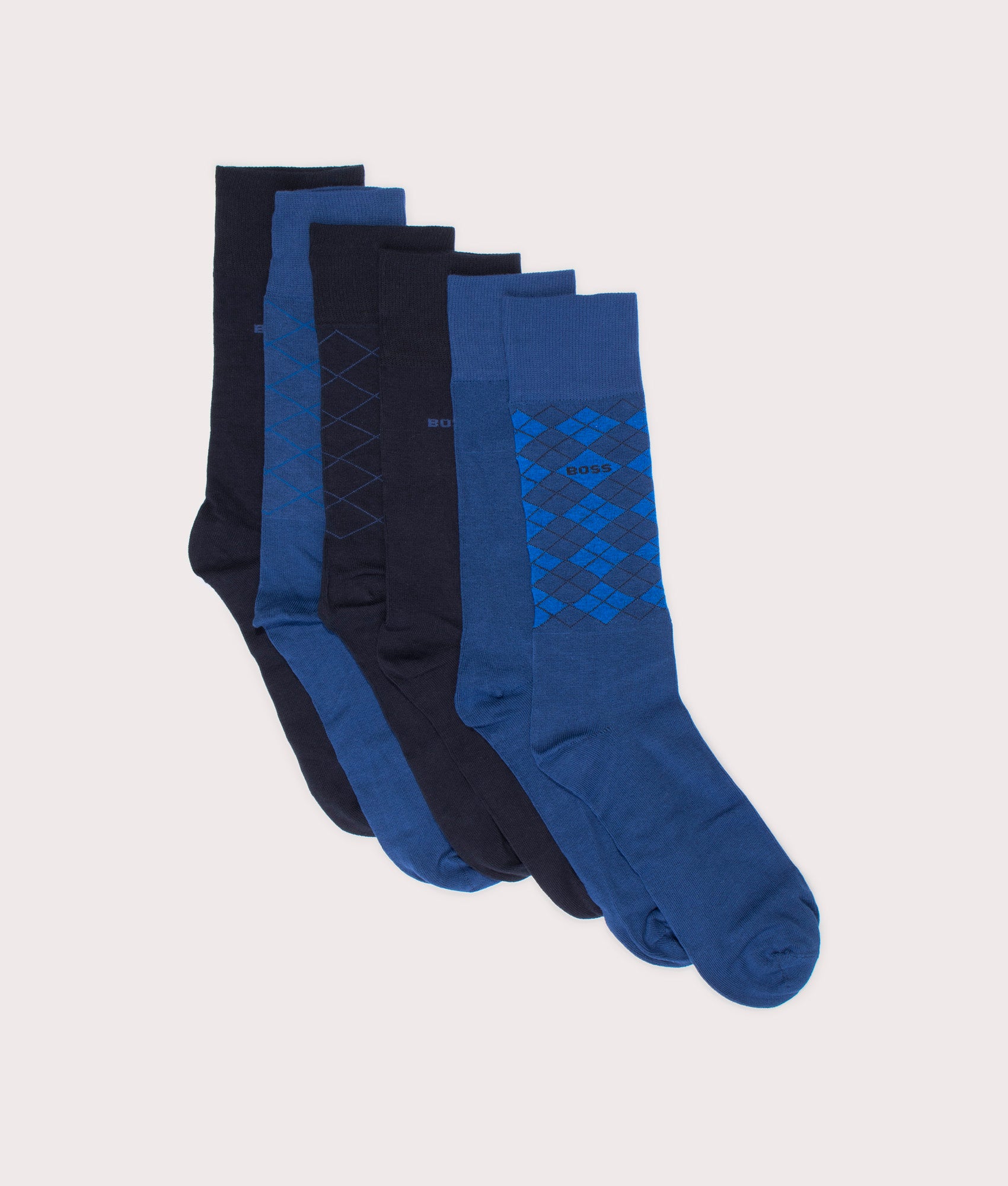 BOSS 6 Pack RS Design Socks in Dark Blue and Bright Blue with Diamond Patterns. EQVVS Flat Shot