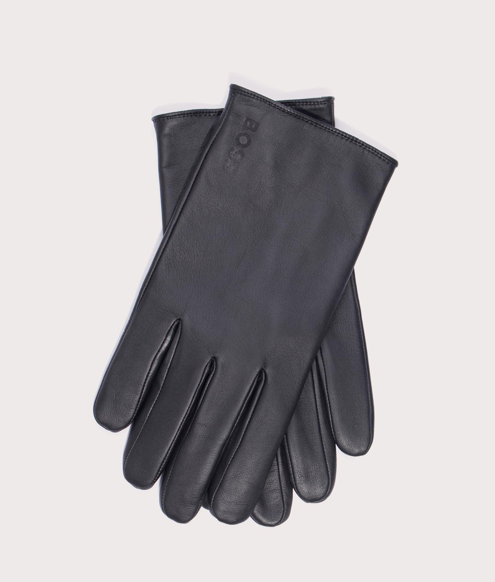 BOSS Touchscreen Leather Gloves in Black. 100% Lamb Leather Polyester Lining. At EQVVS Menswear. Top shot