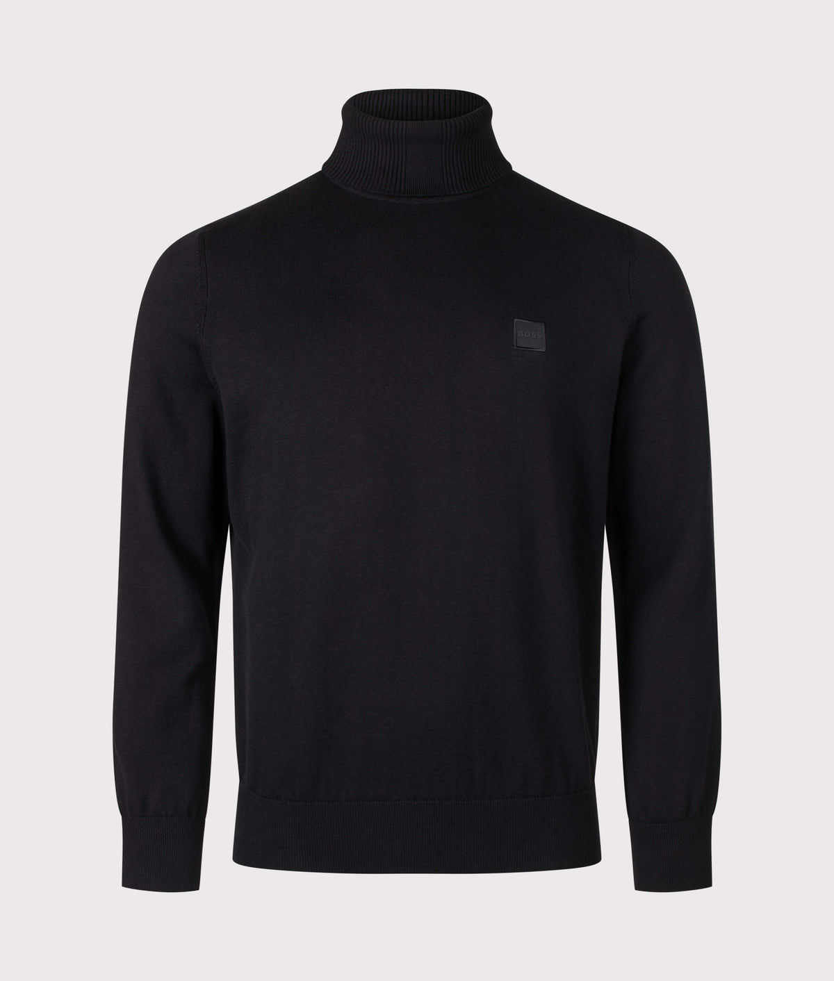 BOSS Regular Fit Akiro Rollneck Jumper in Black at EQVVS Menswear. Front shot.
