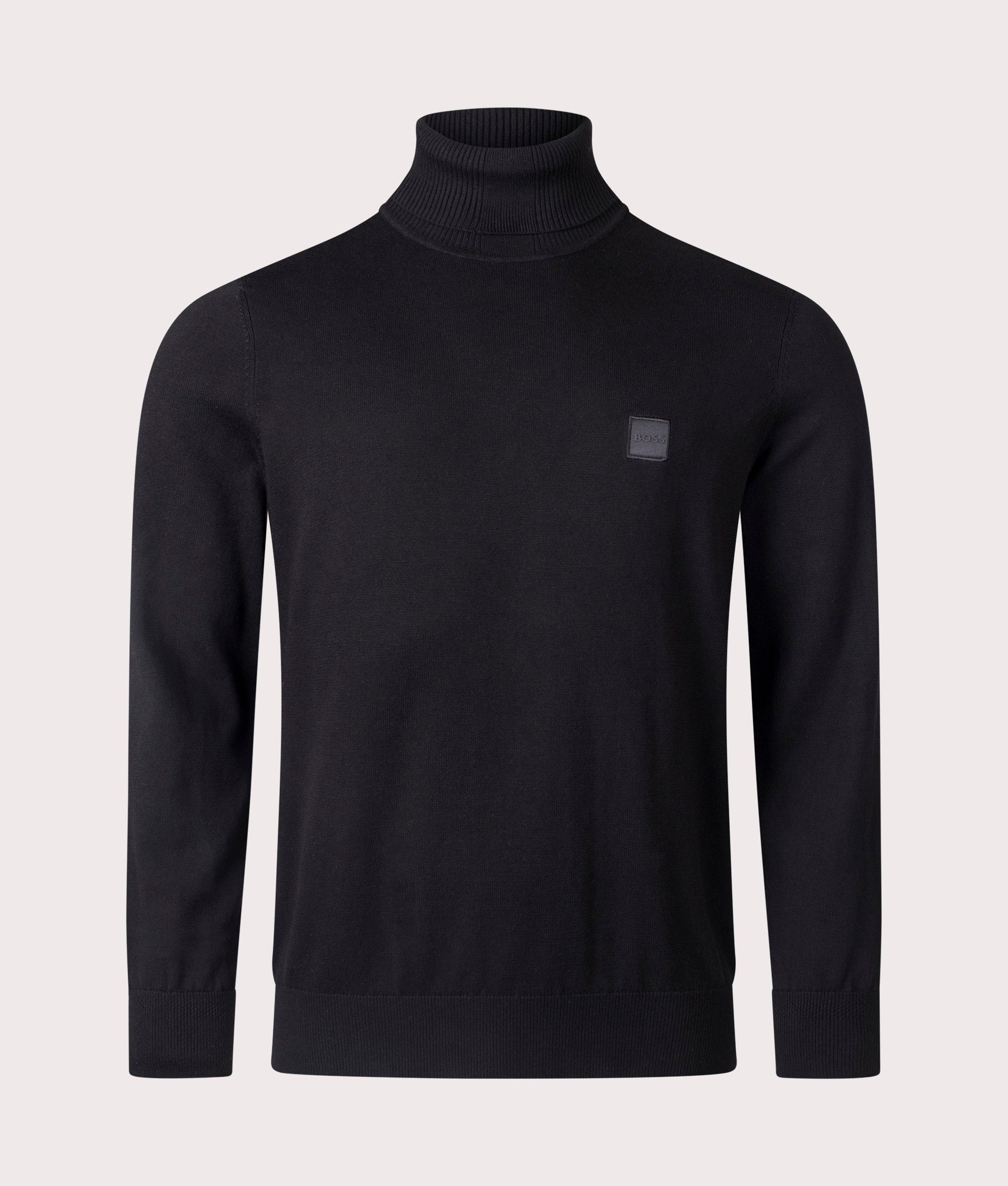 BOSS Akiro Rollneck Jumper in Black, Cotton/Cashmere Blend. At EQVVS Menswear. Front detail shot