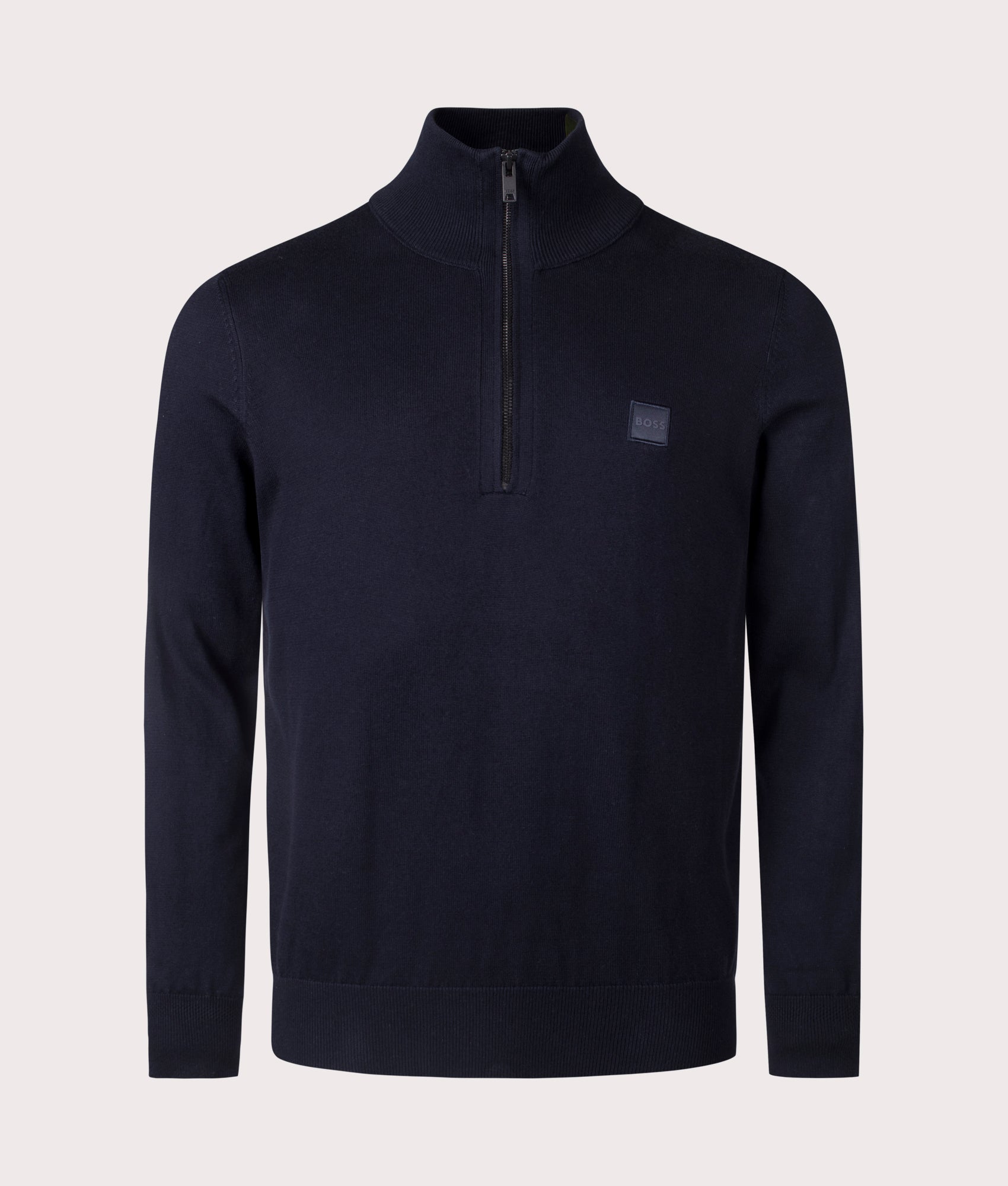 BOSS Kanobix Quarter Zip Sweatshirt in Dark Blue, Cotton/Cashmere Blend. At EQVVS Menswear. Front detail shot