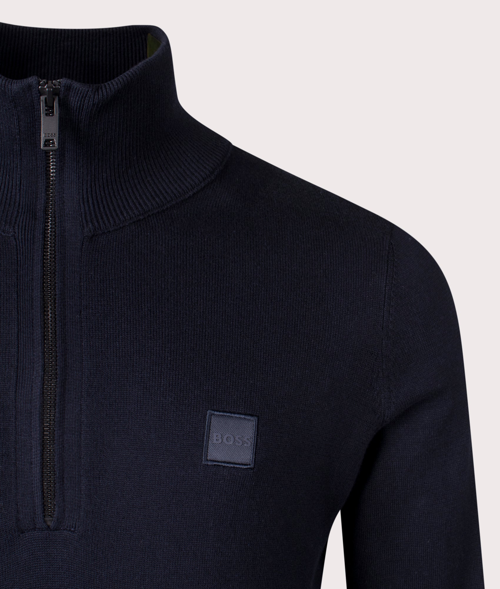 BOSS Kanobix Quarter Zip Sweatshirt in Dark Blue, Cotton/Cashmere Blend. At EQVVS Menswear. Front logo shot