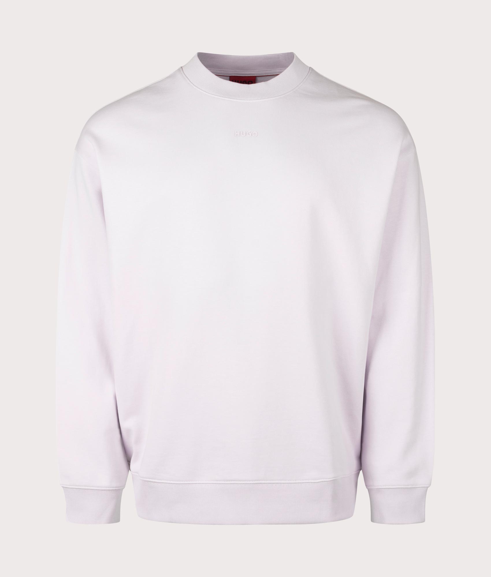 HUGO Relaxed Fit Dapocrew Sweatshirt in Light Purple, 100% Cotton. At EQVVS Menswear. Front detail shot