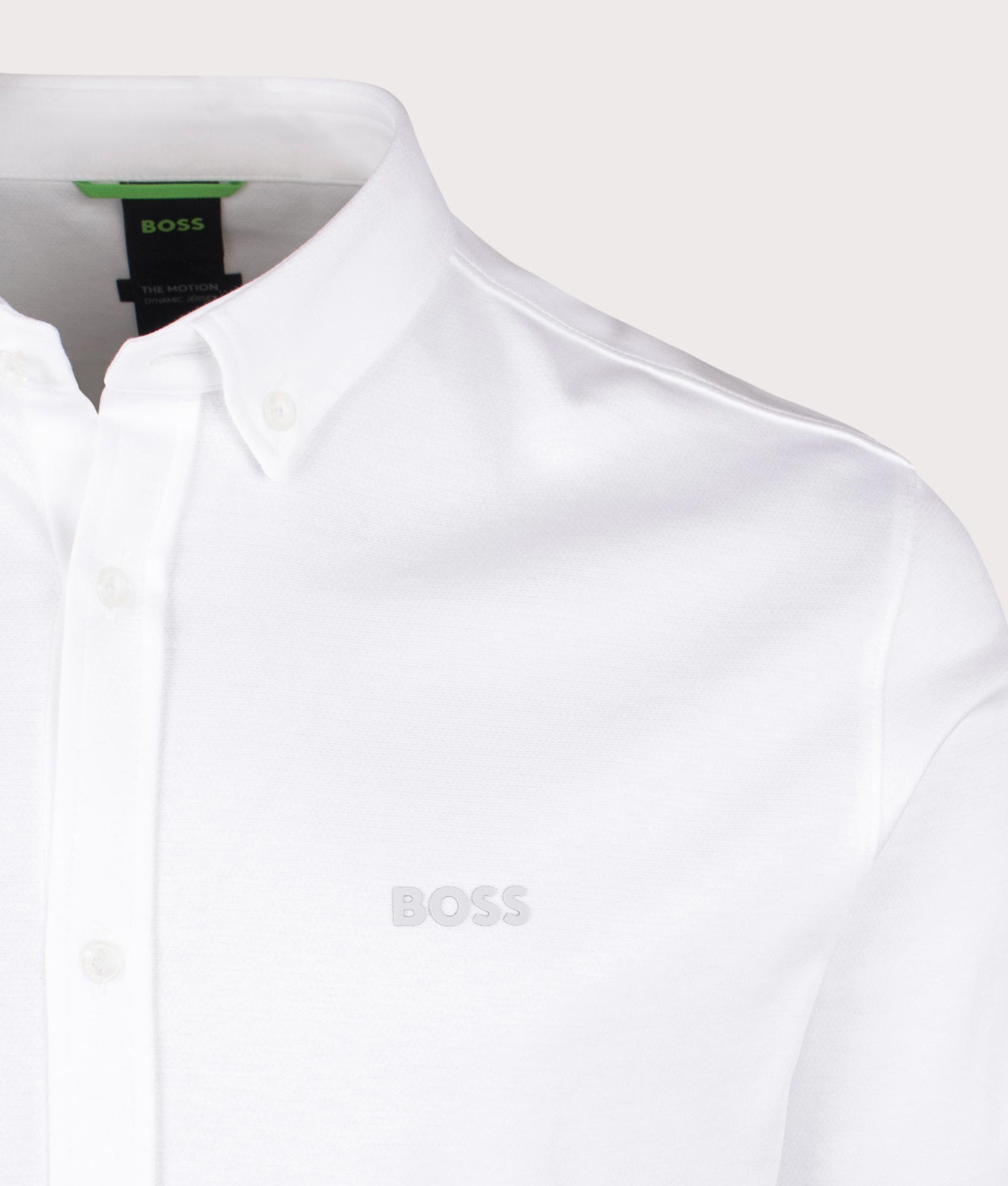 BOSS Motion Long Sleeve Shirt in White. EQVVS Detail Shot.