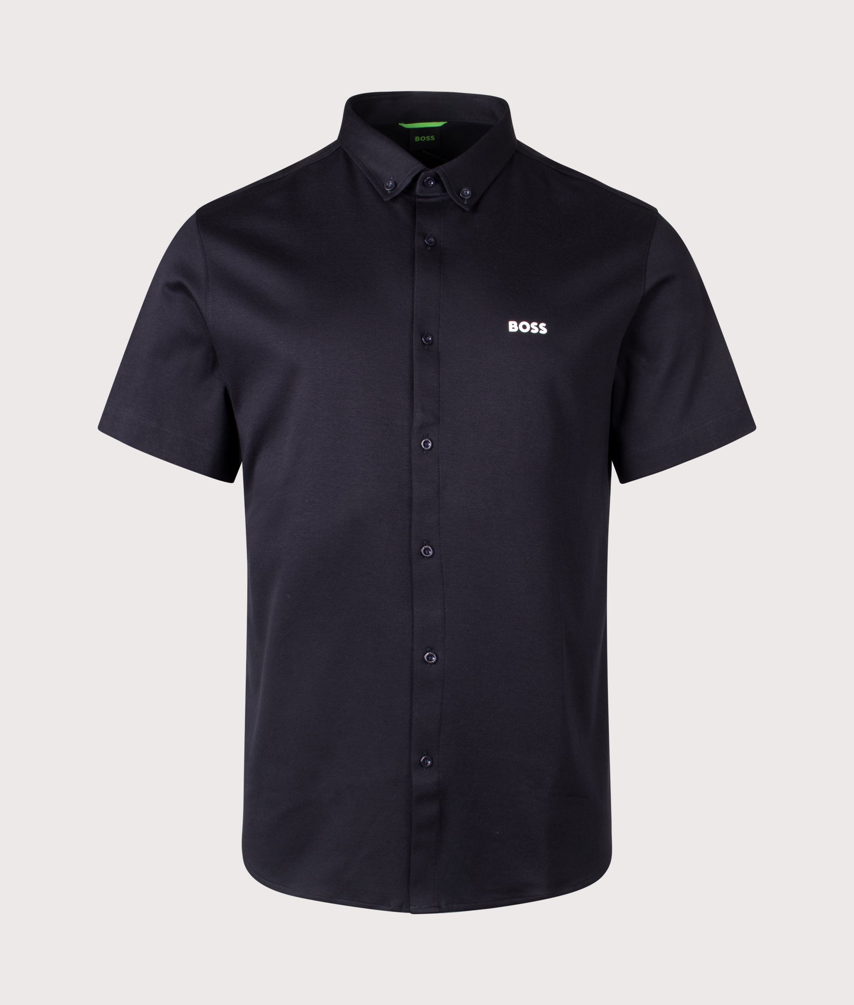 BOSS B Motion Short Sleeve Shirt in Black. Shot at EQVVS.  Front shot. 