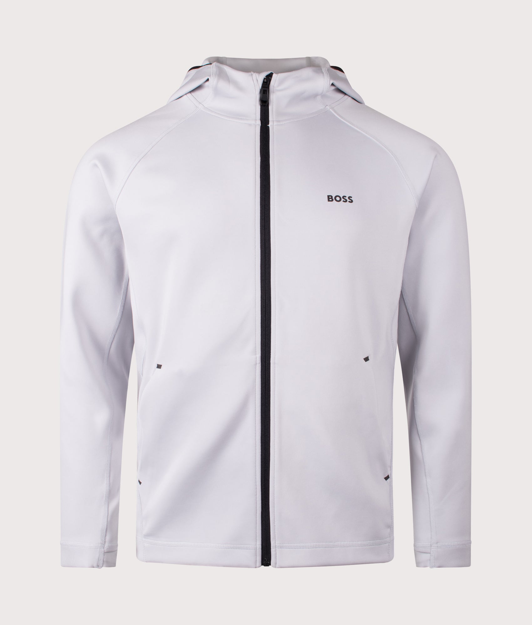 BOSS Sicon Active Hoodie in Light/Pastel Grey. Shot at EQVVS.  Front shot. 
