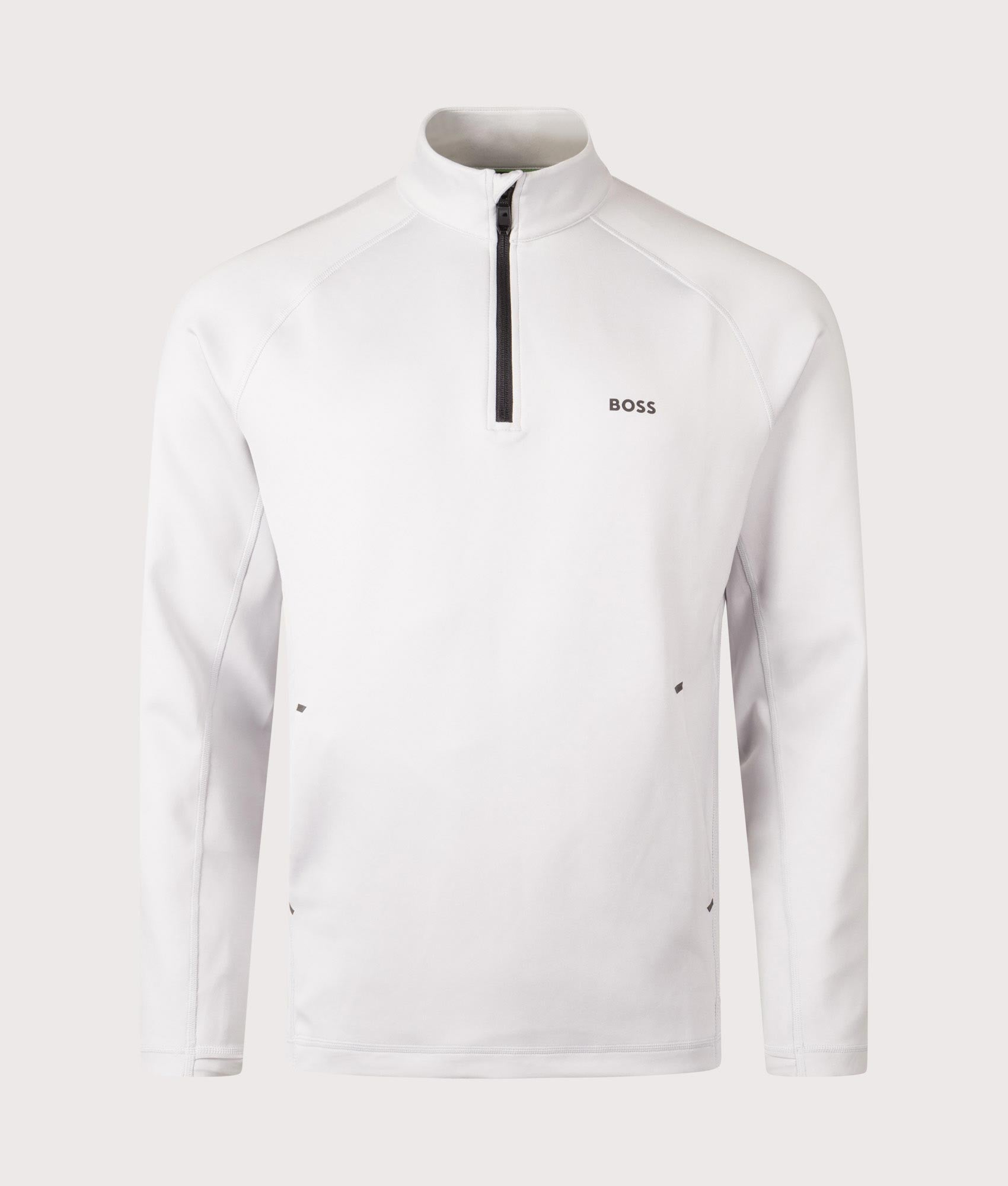 BOSS Quarter Zip Sweat Active Sweatshirt in Light/Pastel Grey. Shot at EQVVS. Front shot. 