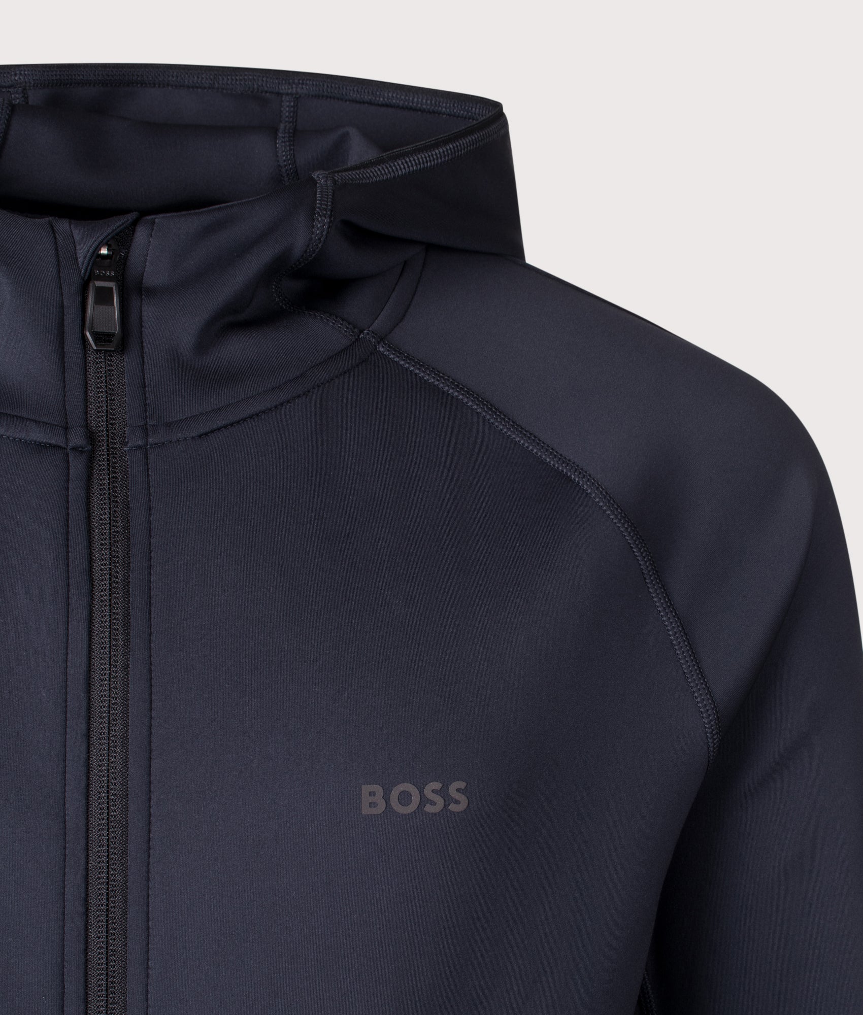 BOSS Sicon Active Hoodie in Dark Blue. Shot at EQVVS. Front logo shot
