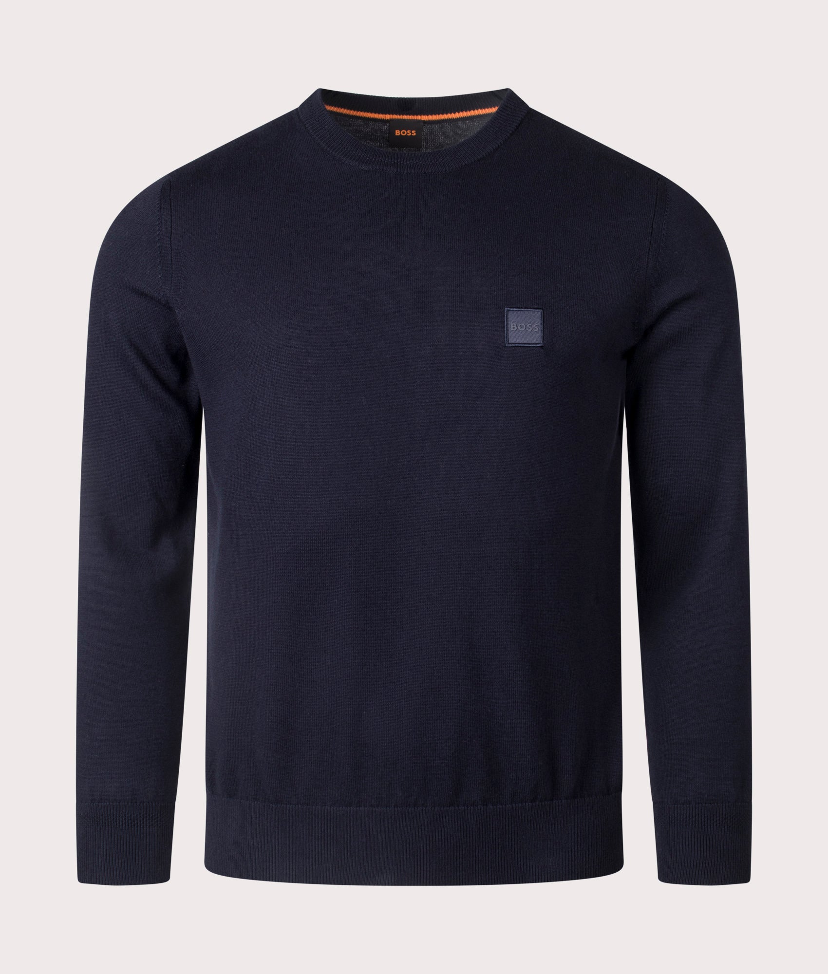 BOSS Kanovano Knitted Jumper in Dark Blue, Cotton/Cashmere Blend. At EQVVS Menswear. Front detail shot