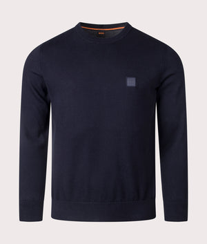 BOSS Kanovano Knitted Jumper in Dark Blue, Cotton/Cashmere Blend. At EQVVS Menswear. Front detail shot