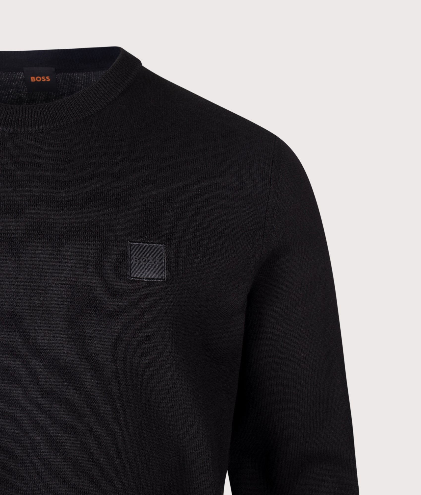 BOSS Kanovano Knitted Jumper in Black at EQVVS Menswear. Detail shot.