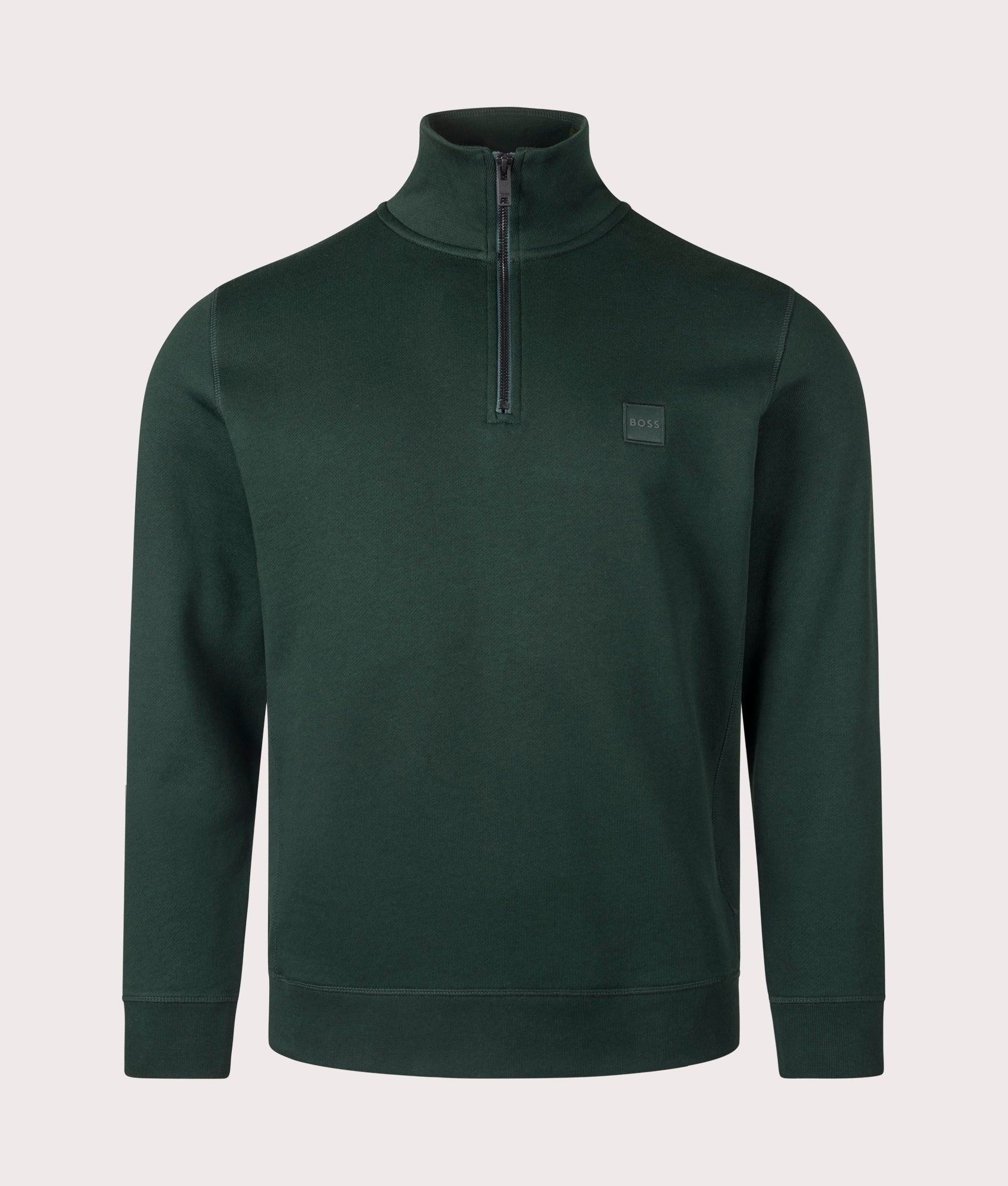 BOSS Quarter Zip Zetrust Sweatshirt in Open Green. EQVVS front shot.