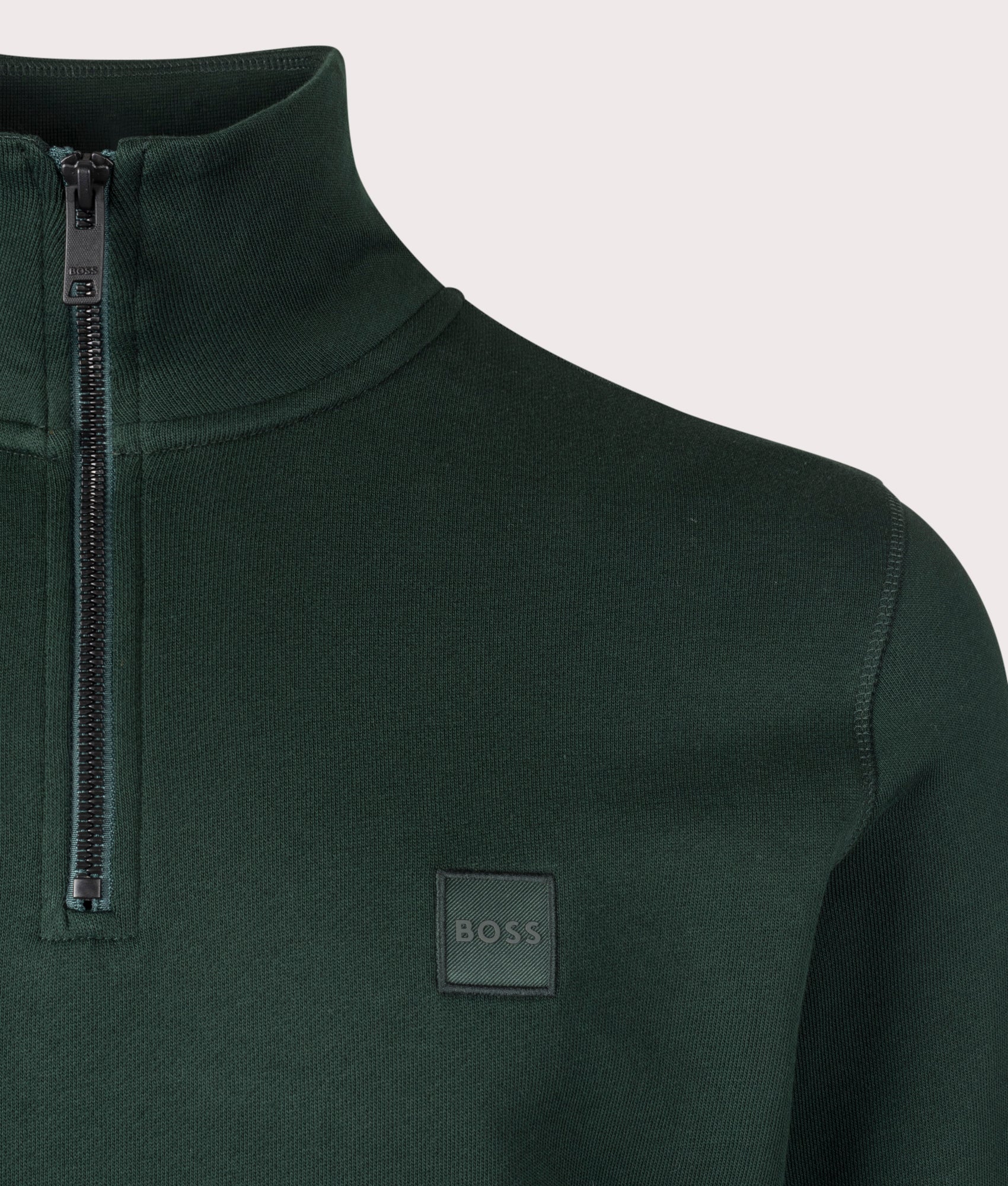BOSS Quarter Zip Zetrust Sweatshirt in Open Green. EQVVS detail shot.