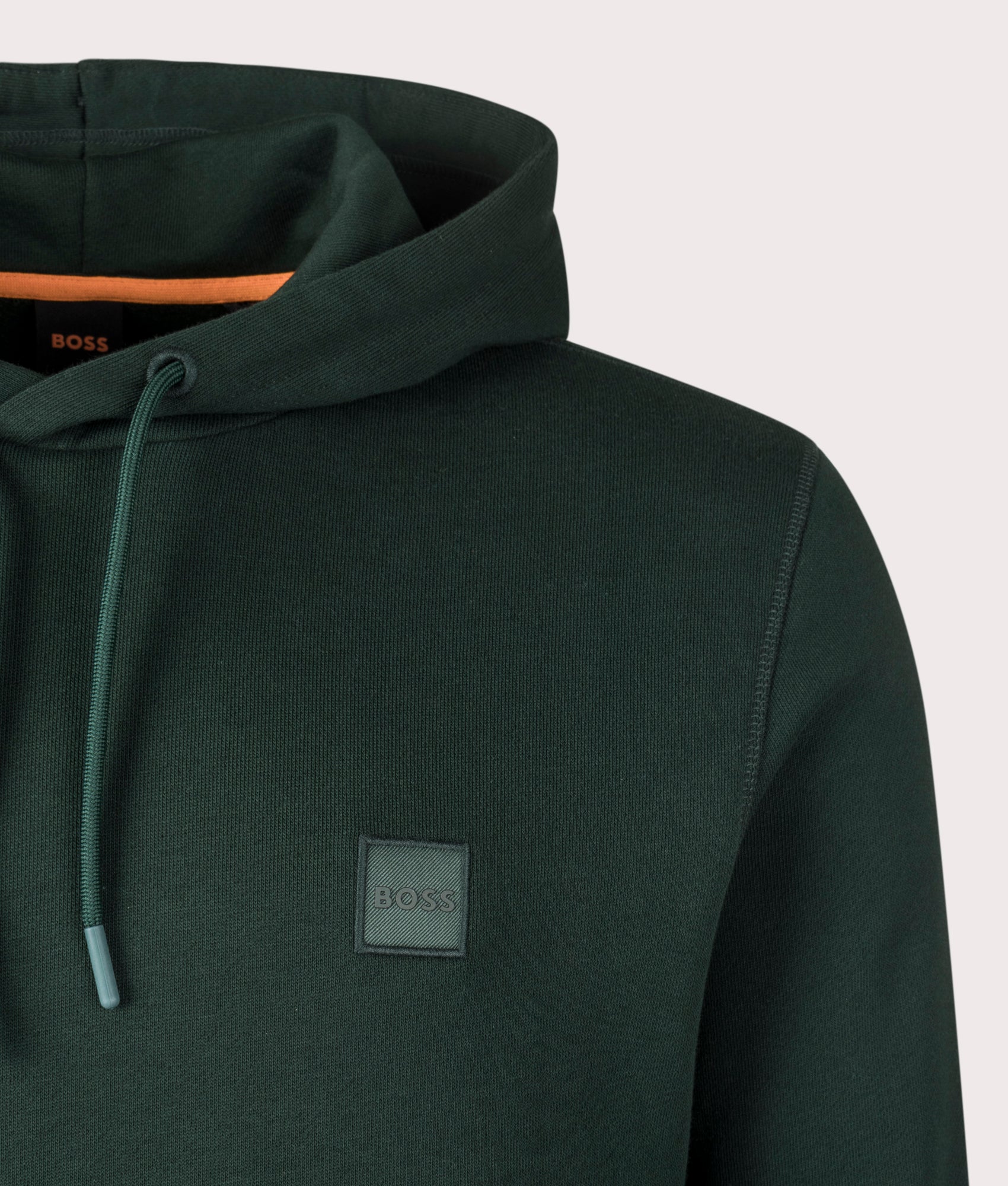 BOSS Wetalk Hoodie in Open Green. EQVVS detail shot.