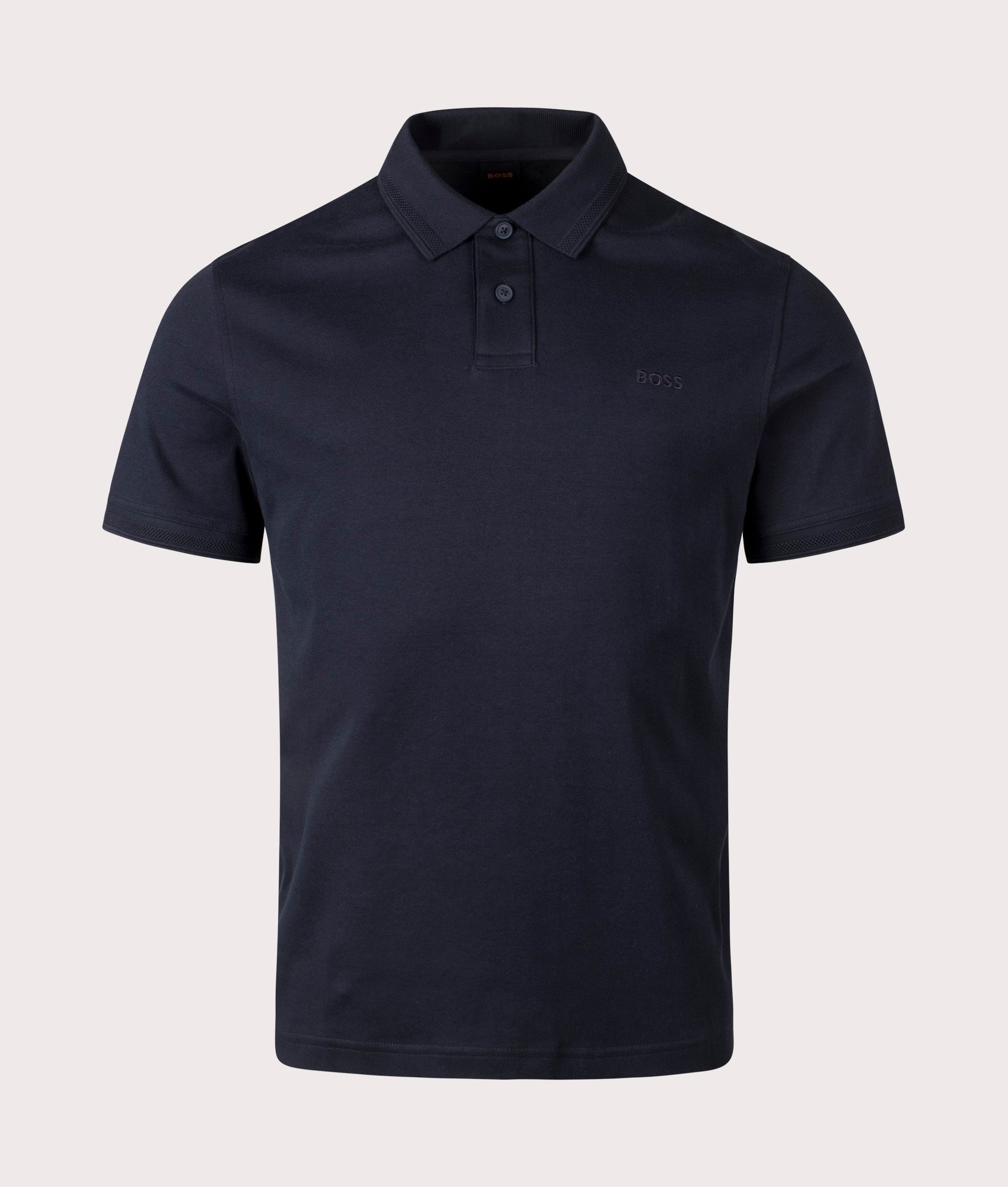 BOSS Pe Interlock Polo Shirt in Dark Blue. Shot at EQVVS. Front shot