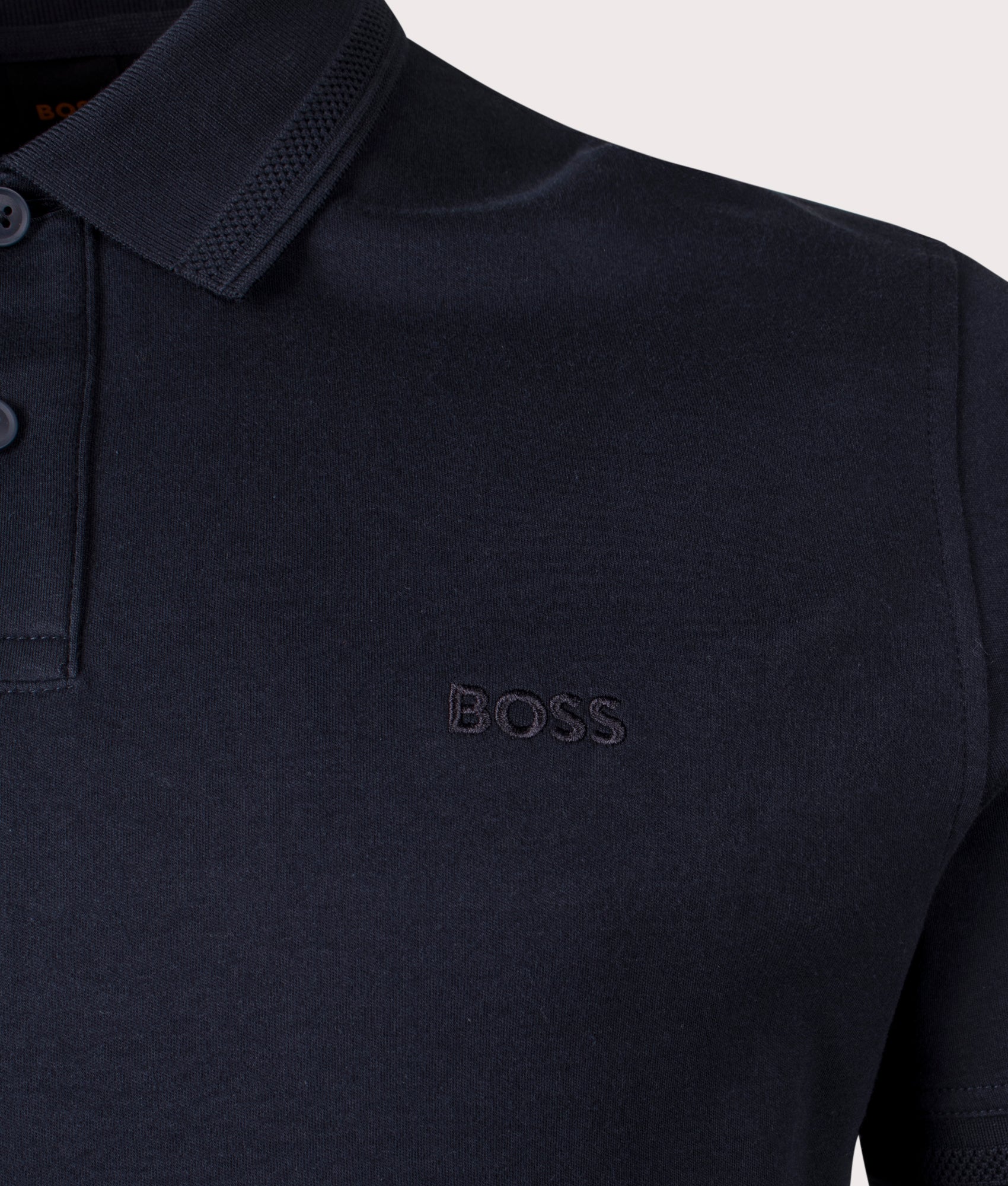 BOSS Pe Interlock Polo Shirt in Dark Blue. Shot at EQVVS. Detail shot