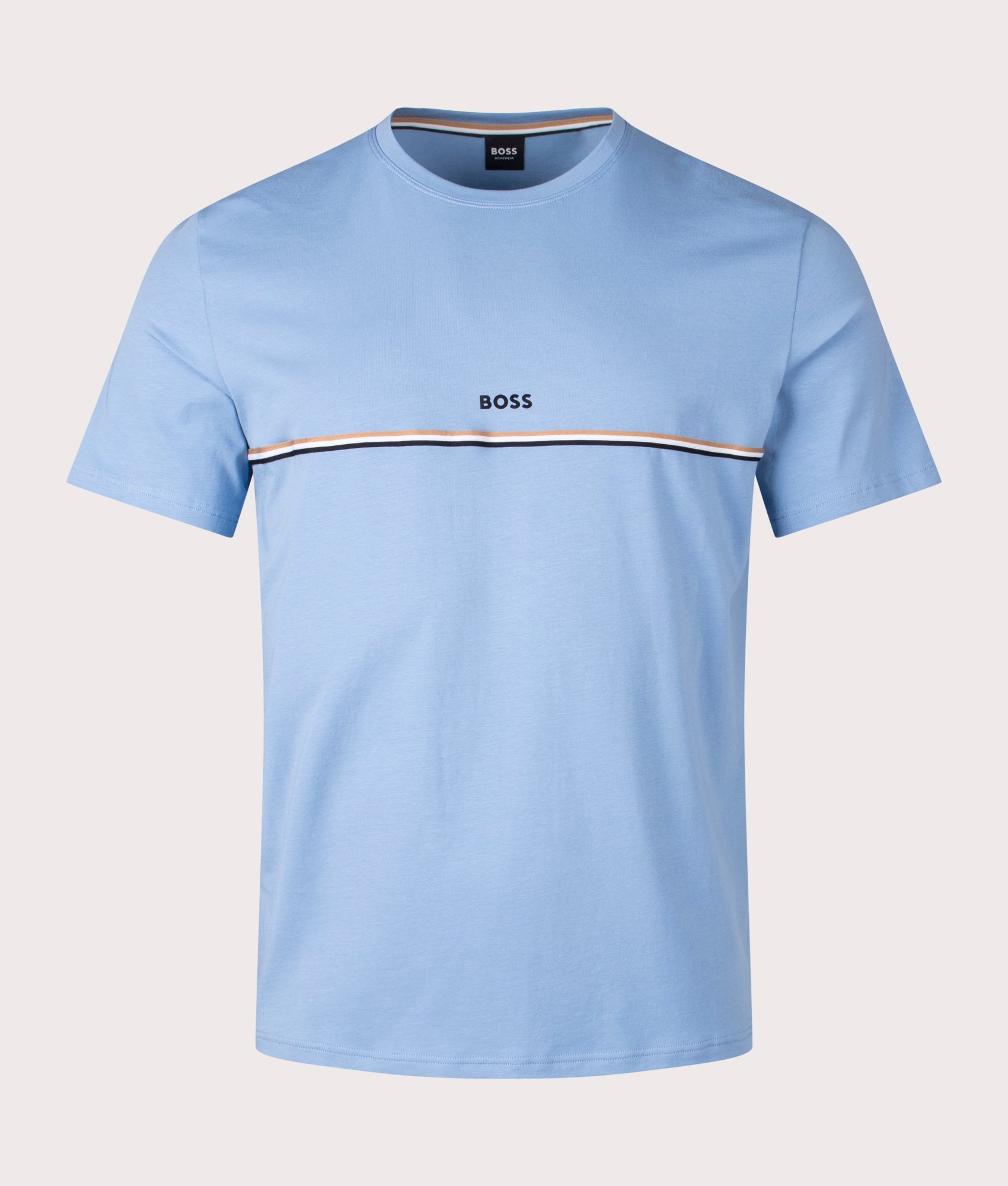 BOSS Unique T-Shirt in Light/Pastel Blue. Shot at EQVVS.  Front detail shot 