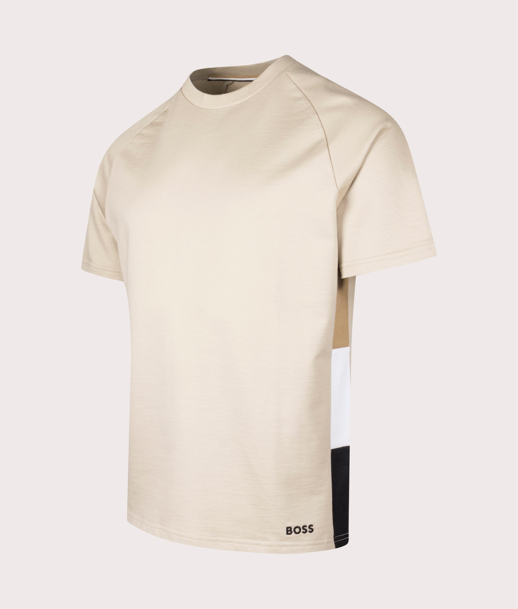 BOSS Iconic T-Shirt in Light Beige . Shot at EQVVS. Side detail shot 