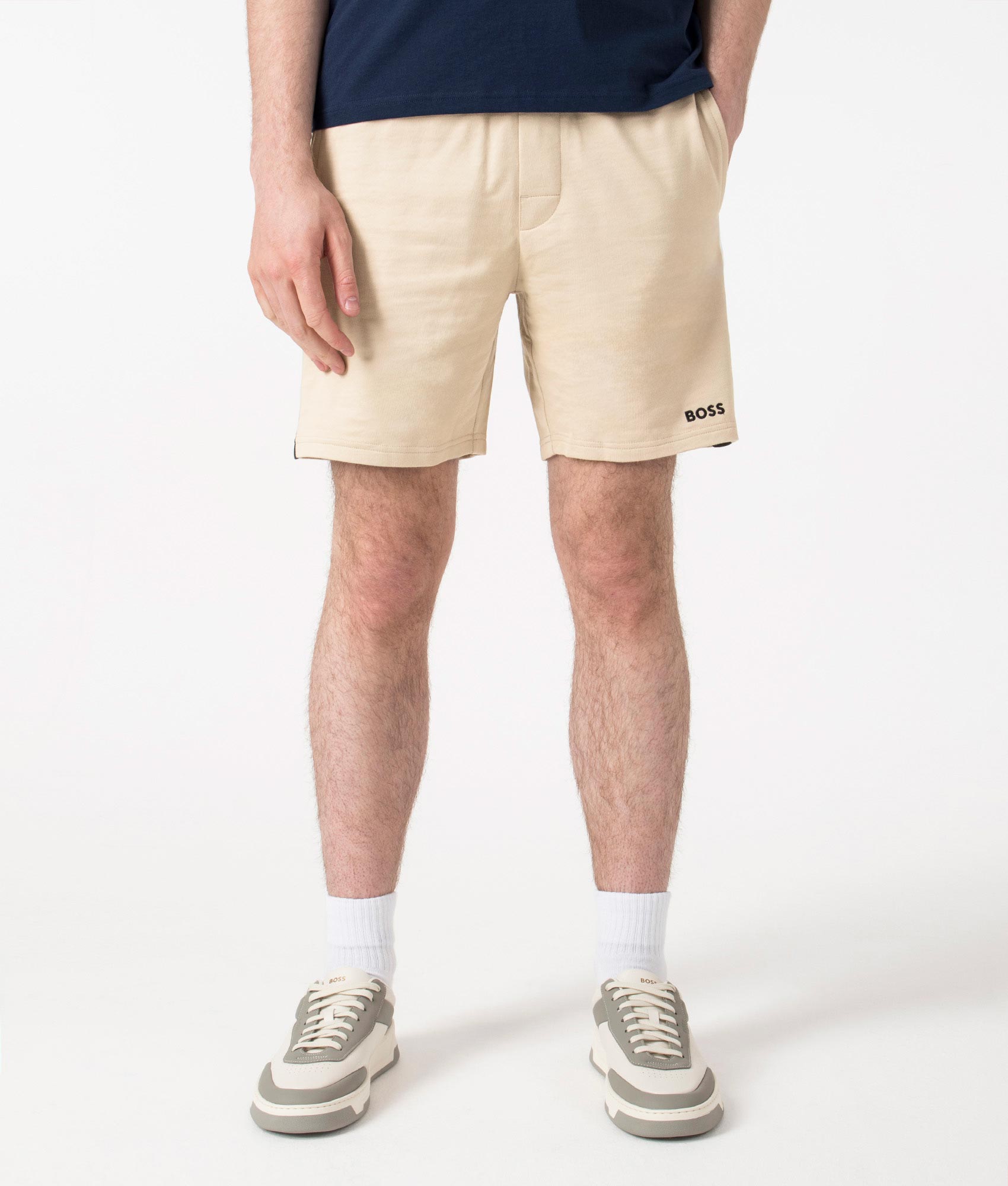 Iconic Sweat Shorts in Light Beige by Boss. EQVVS Front Angle Shot.
