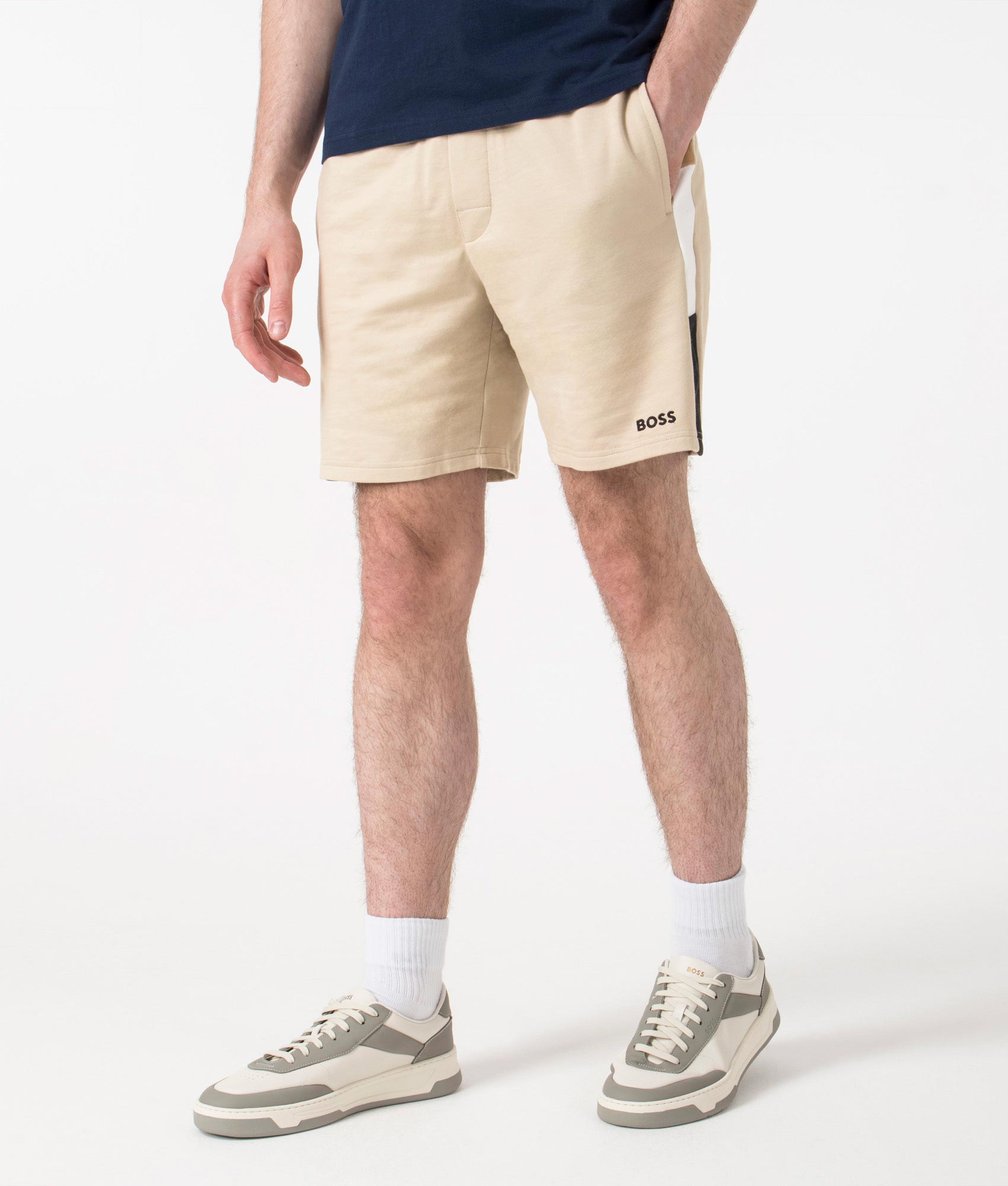 Iconic Sweat Shorts in Light Beige by Boss. EQVVS Side Angle Shot.
