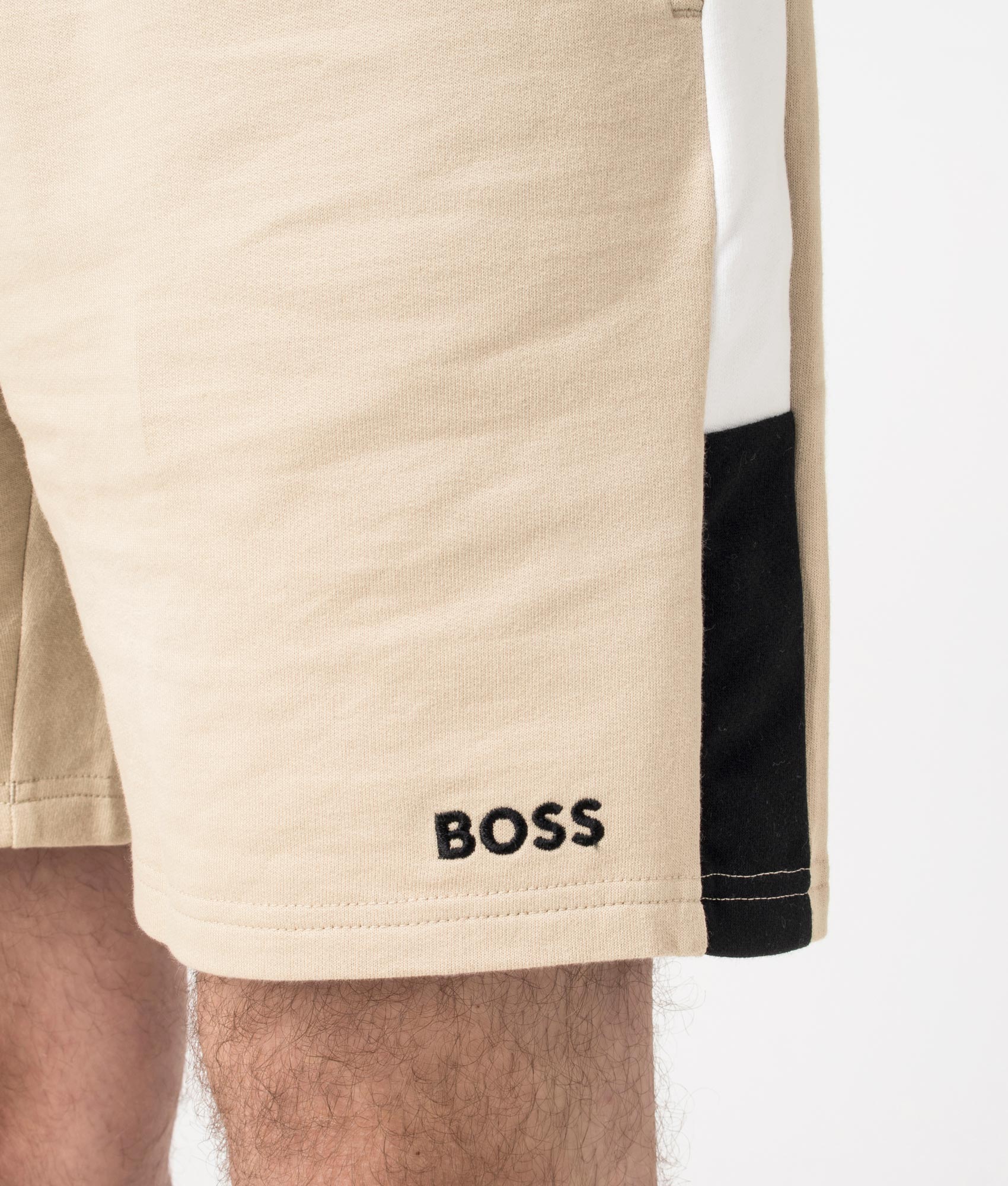 Iconic Sweat Shorts in Light Beige by Boss. EQVVS Detail Angle Shot.