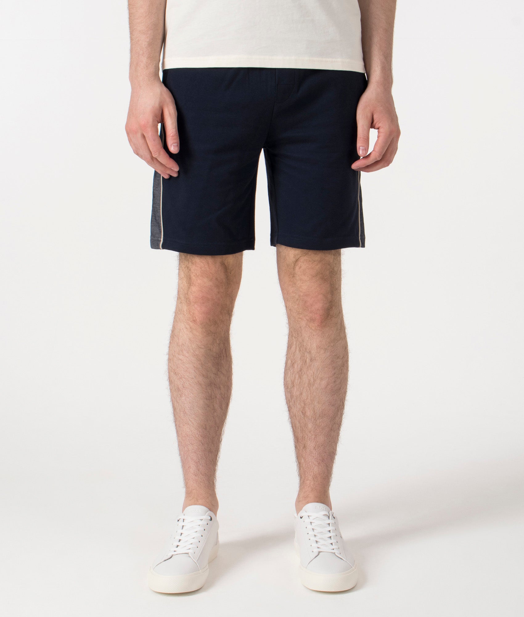 BOSS Tracksuit Shorts in Dark Blue at EQVVS. Front Shot.