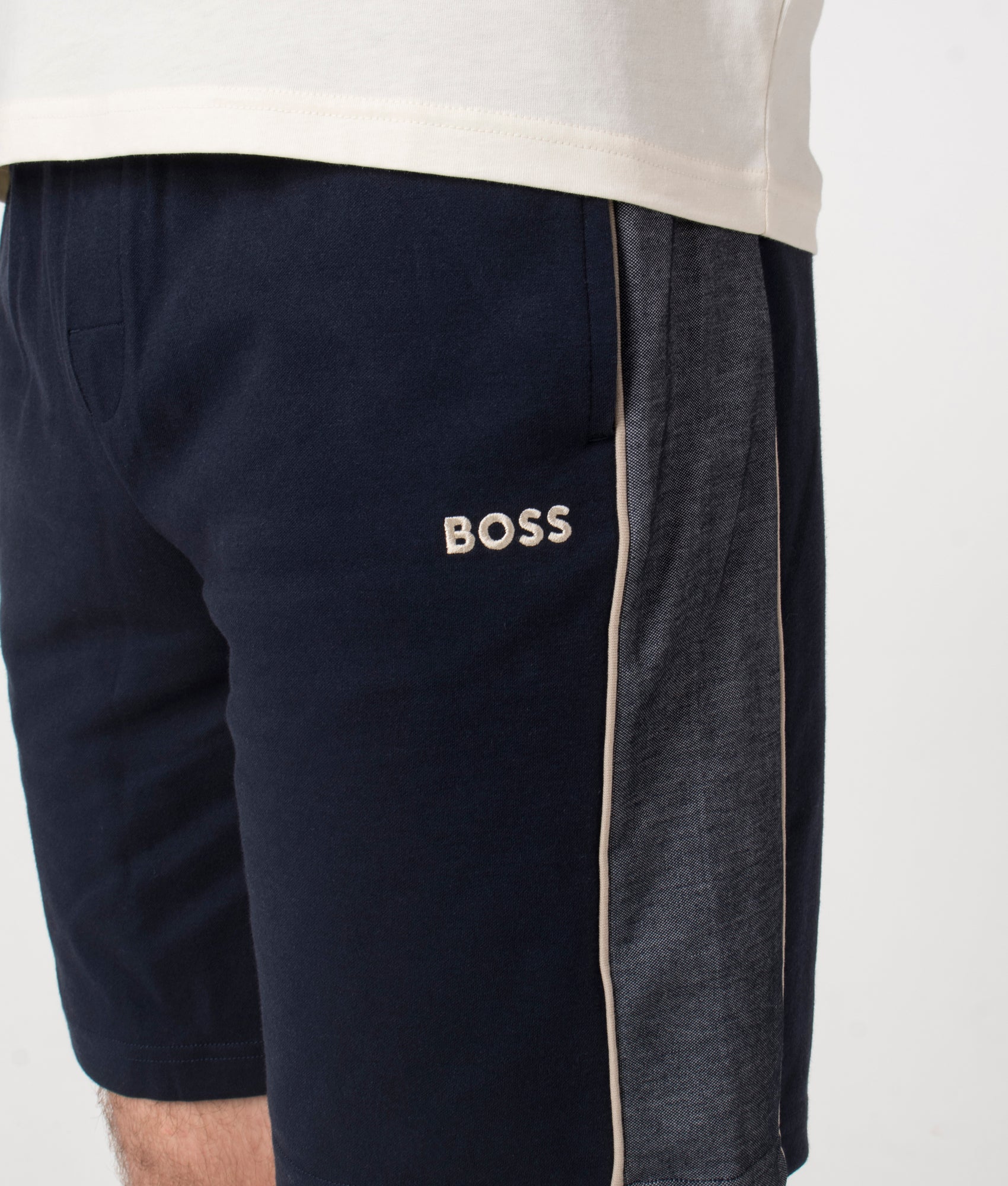BOSS Tracksuit Shorts in Dark Blue at EQVVS. Detail Shot.