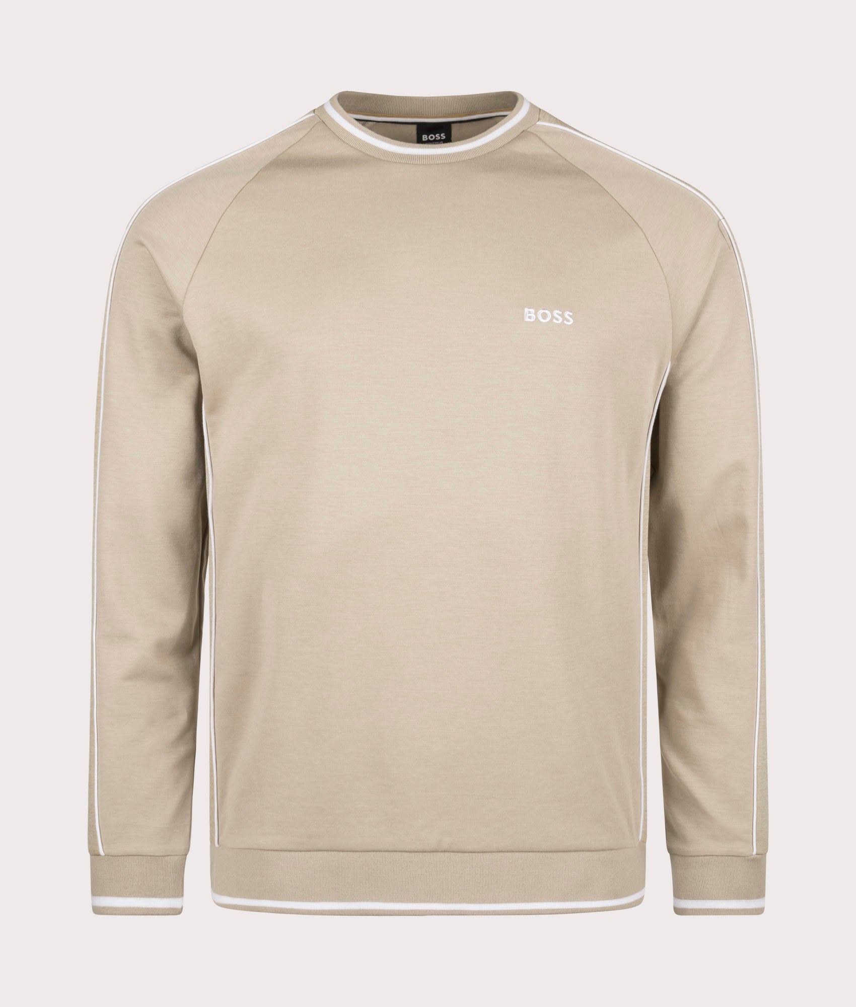 BOSS Track Top Sweatshirt in Light Beige. Shot at EQVVS. Front detail shot
